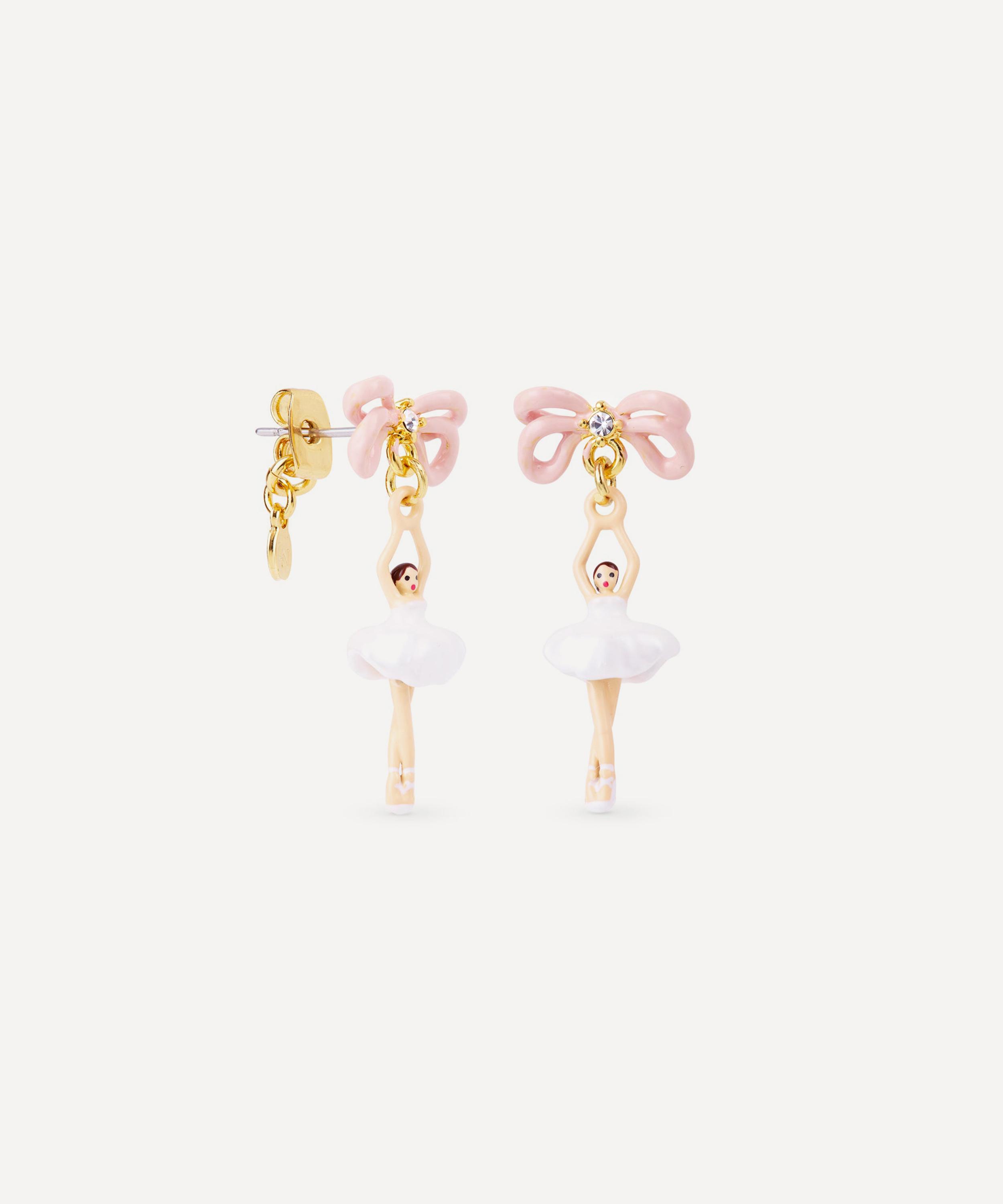 Les N&eacute;r&eacute;ides - Gold-Tone White Tutu and Pink Bow Mini Ballerina Drop Earrings image number 1