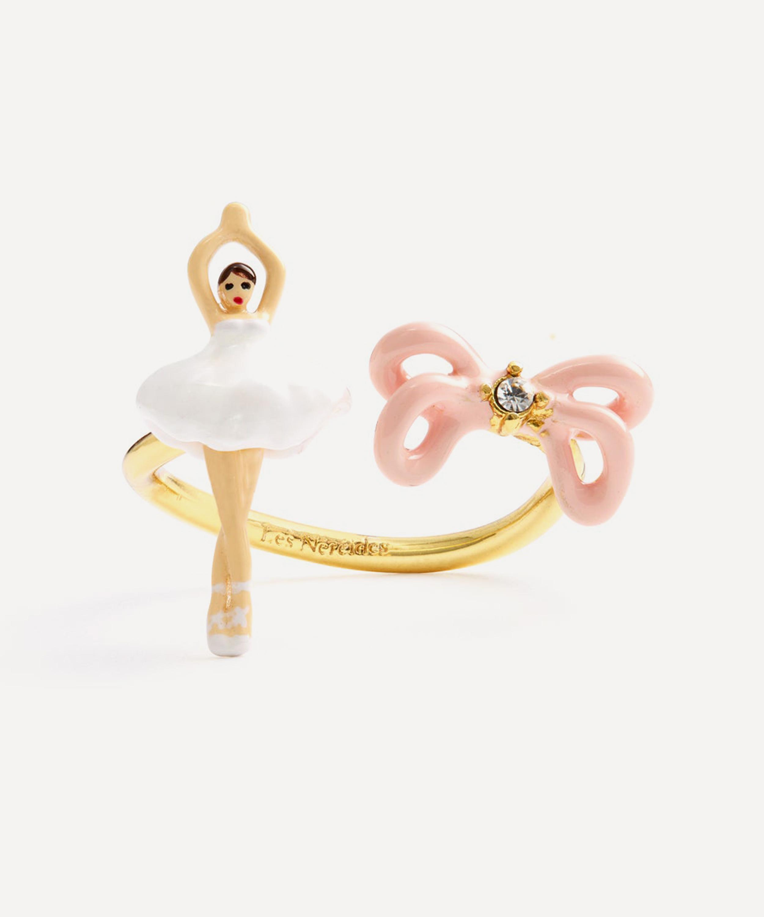 Les N&eacute;r&eacute;ides - Gold-Tone Mini Ballerina and Pink Bow Adjustable Ring image number 0