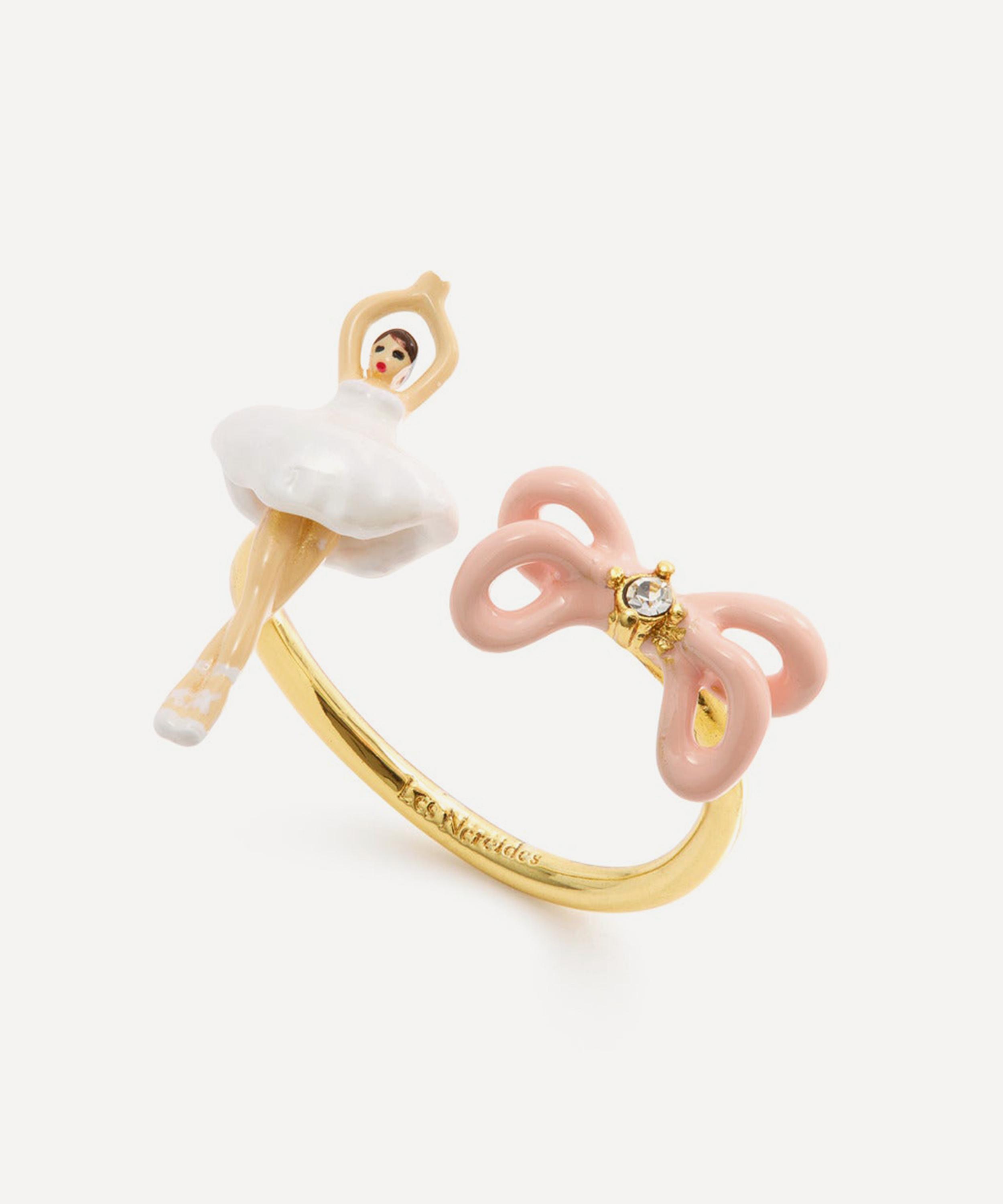 Les N&eacute;r&eacute;ides - Gold-Tone Mini Ballerina and Pink Bow Adjustable Ring image number 1