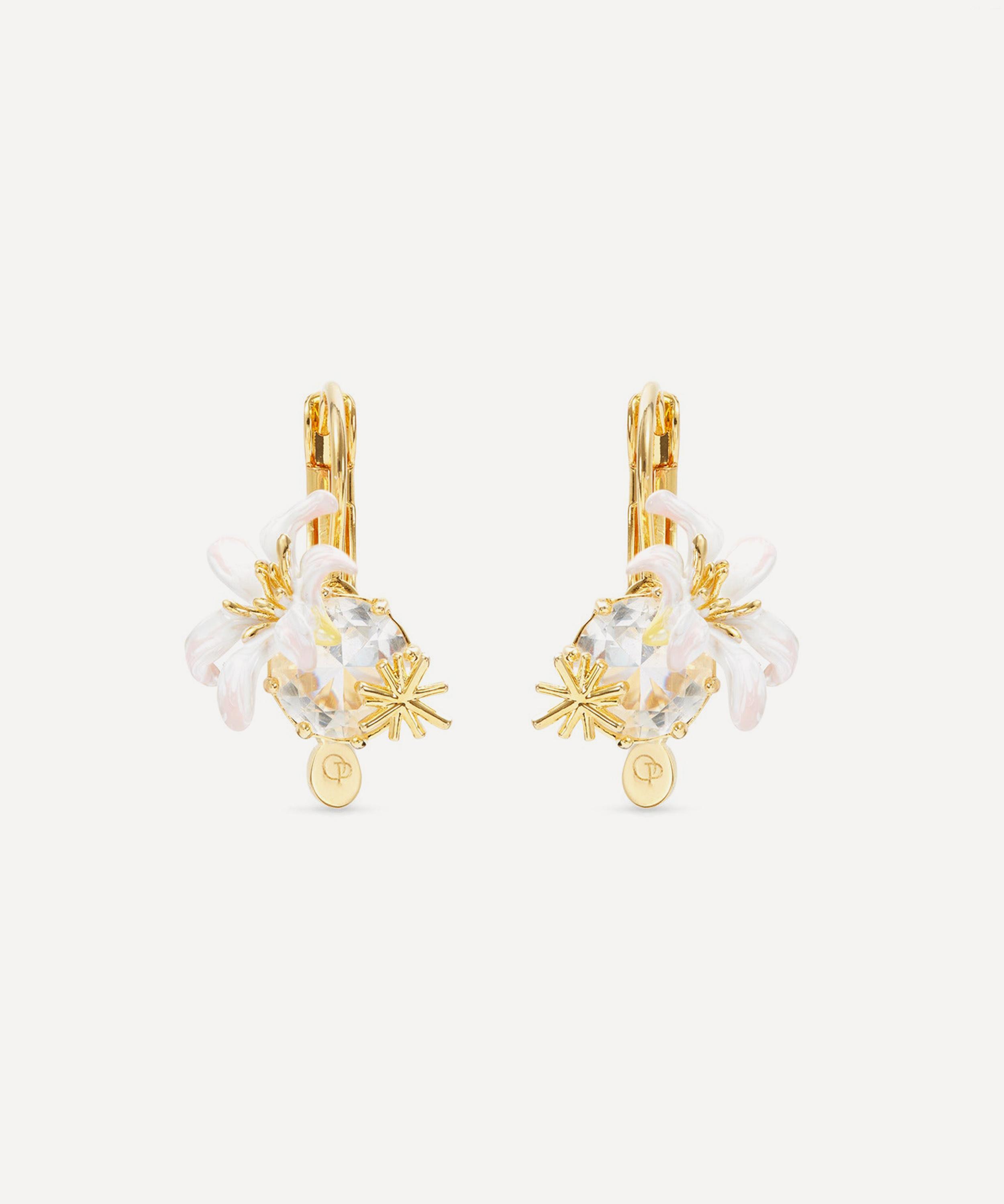 Les N&eacute;r&eacute;ides - Gold-Tone Round Faceted Stone and White Lily Sleeper Earrings image number 0