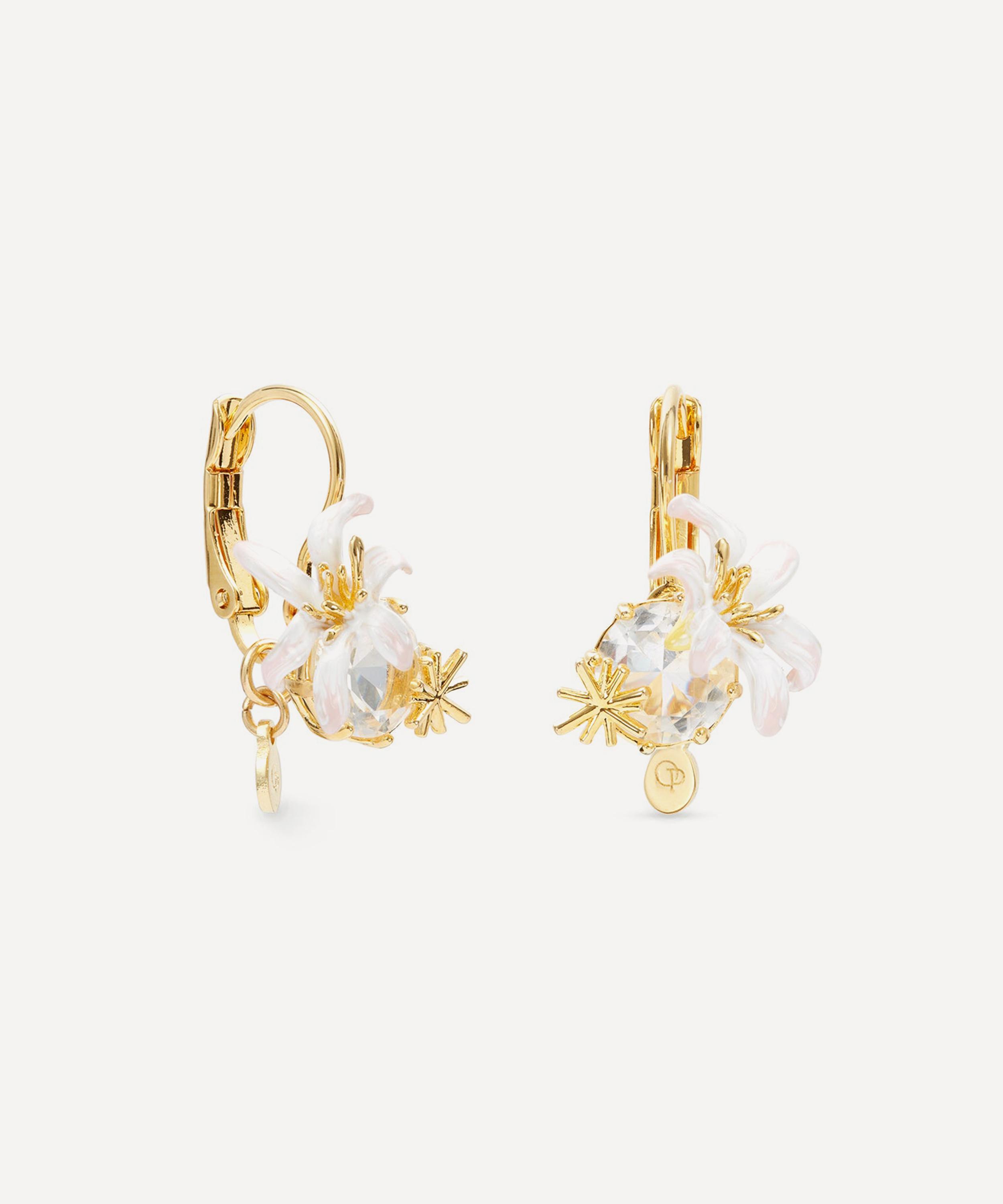 Les N&eacute;r&eacute;ides - Gold-Tone Round Faceted Stone and White Lily Sleeper Earrings image number 1