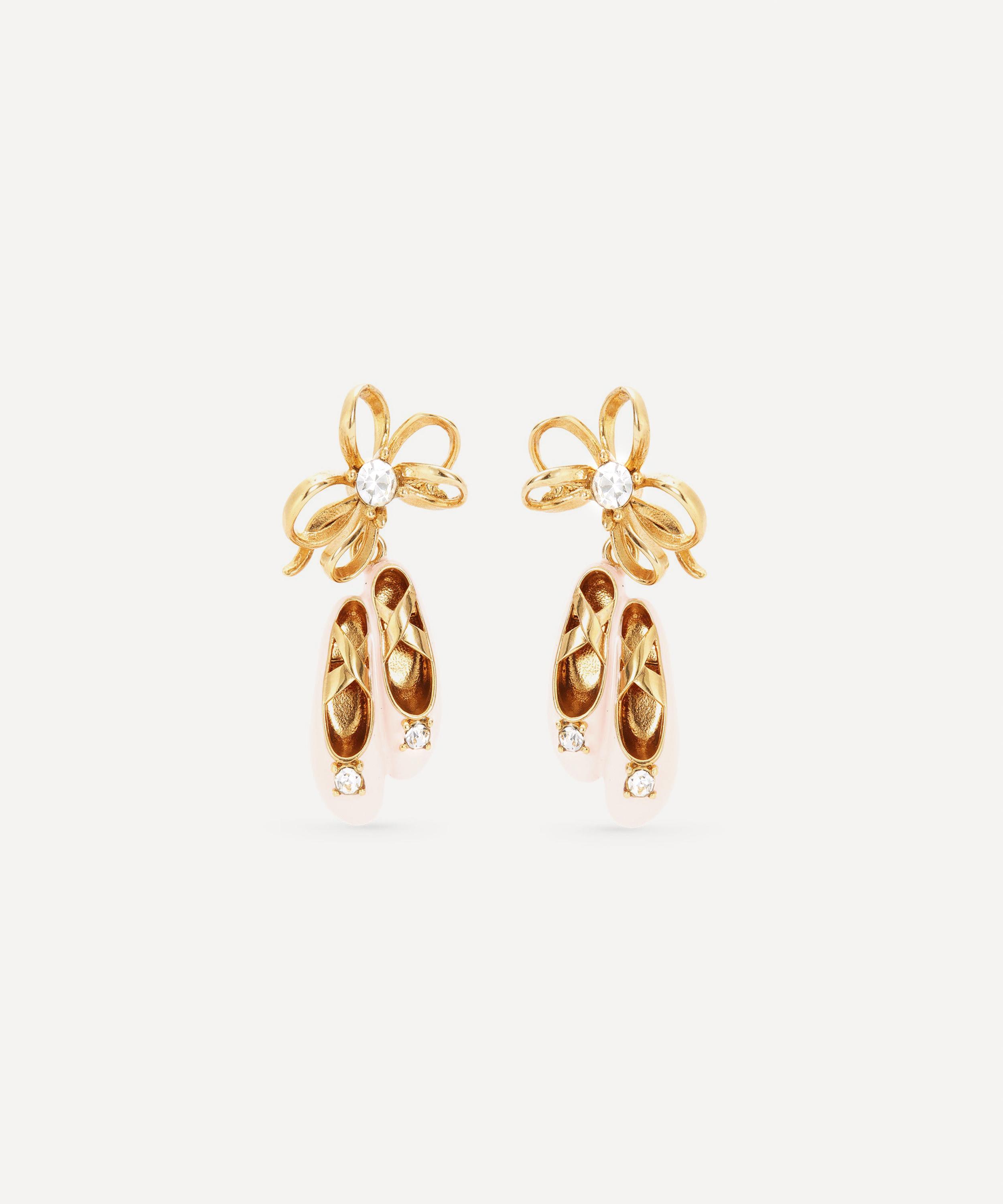 Les N&eacute;r&eacute;ides - Gold-Tone Pink Ballet Slippers and Gold Bow Drop Earrings image number 0