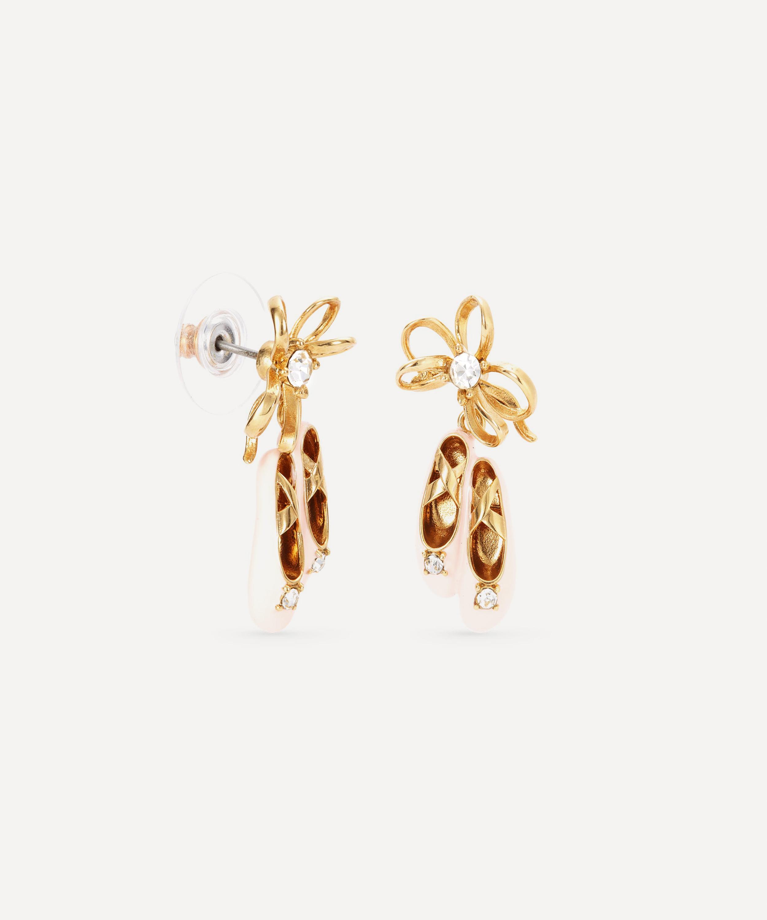 Les N&eacute;r&eacute;ides - Gold-Tone Pink Ballet Slippers and Gold Bow Drop Earrings image number 1