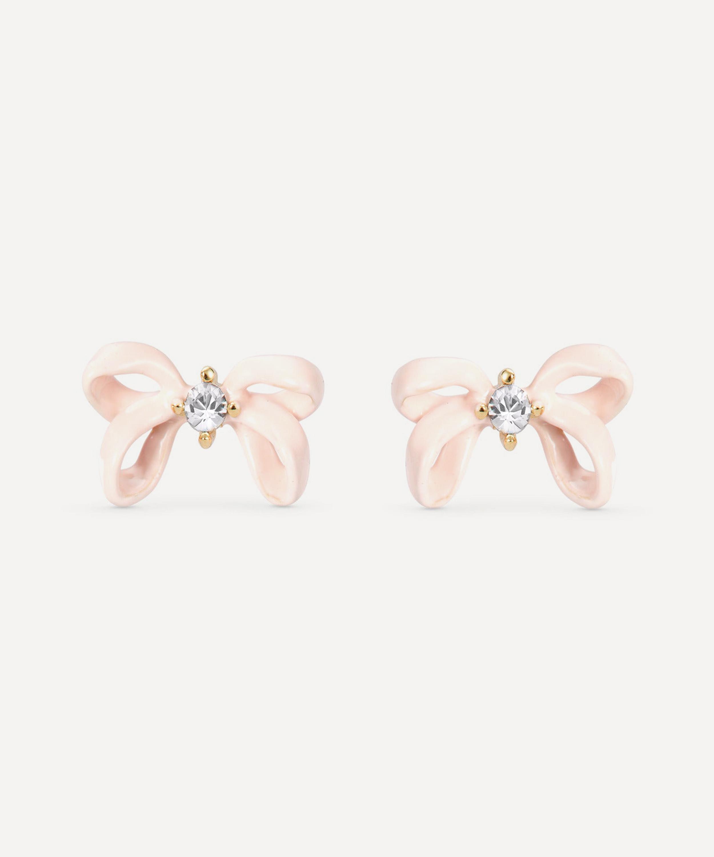 Les N&eacute;r&eacute;ides - Gold-Tone Pink Ribbon and Faceted Crystal Stud Earrings image number 0