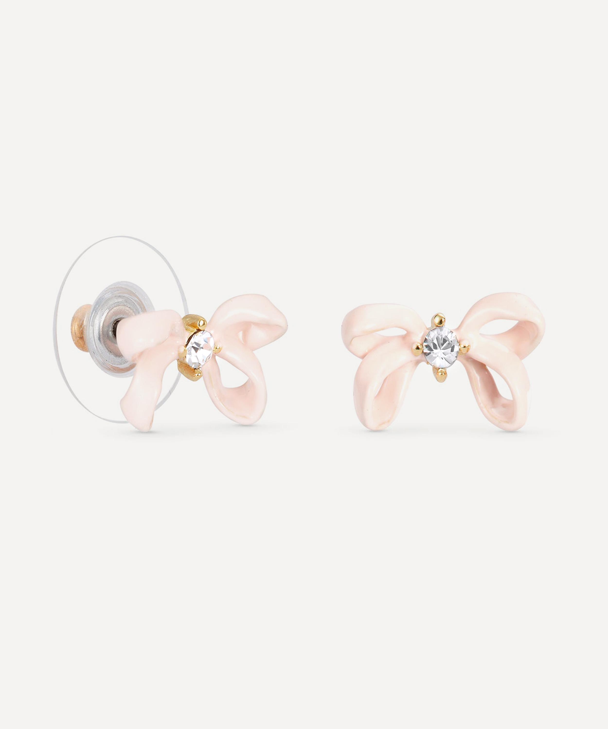 Les N&eacute;r&eacute;ides - Gold-Tone Pink Ribbon and Faceted Crystal Stud Earrings image number 1
