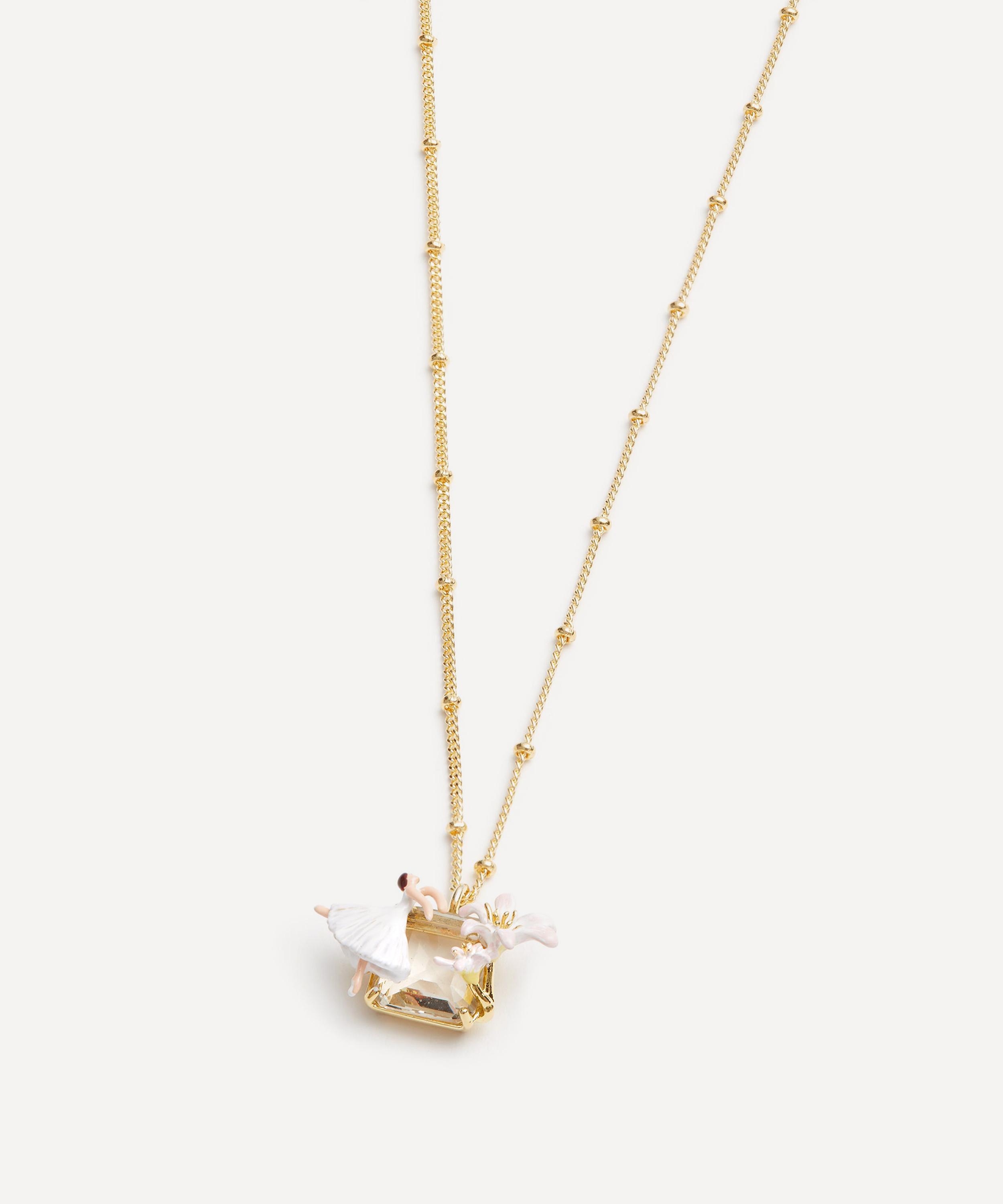 Les N&eacute;r&eacute;ides - Gold-Tone Ballerina Lily Flower and Faceted Stone Pendant Necklace image number 1