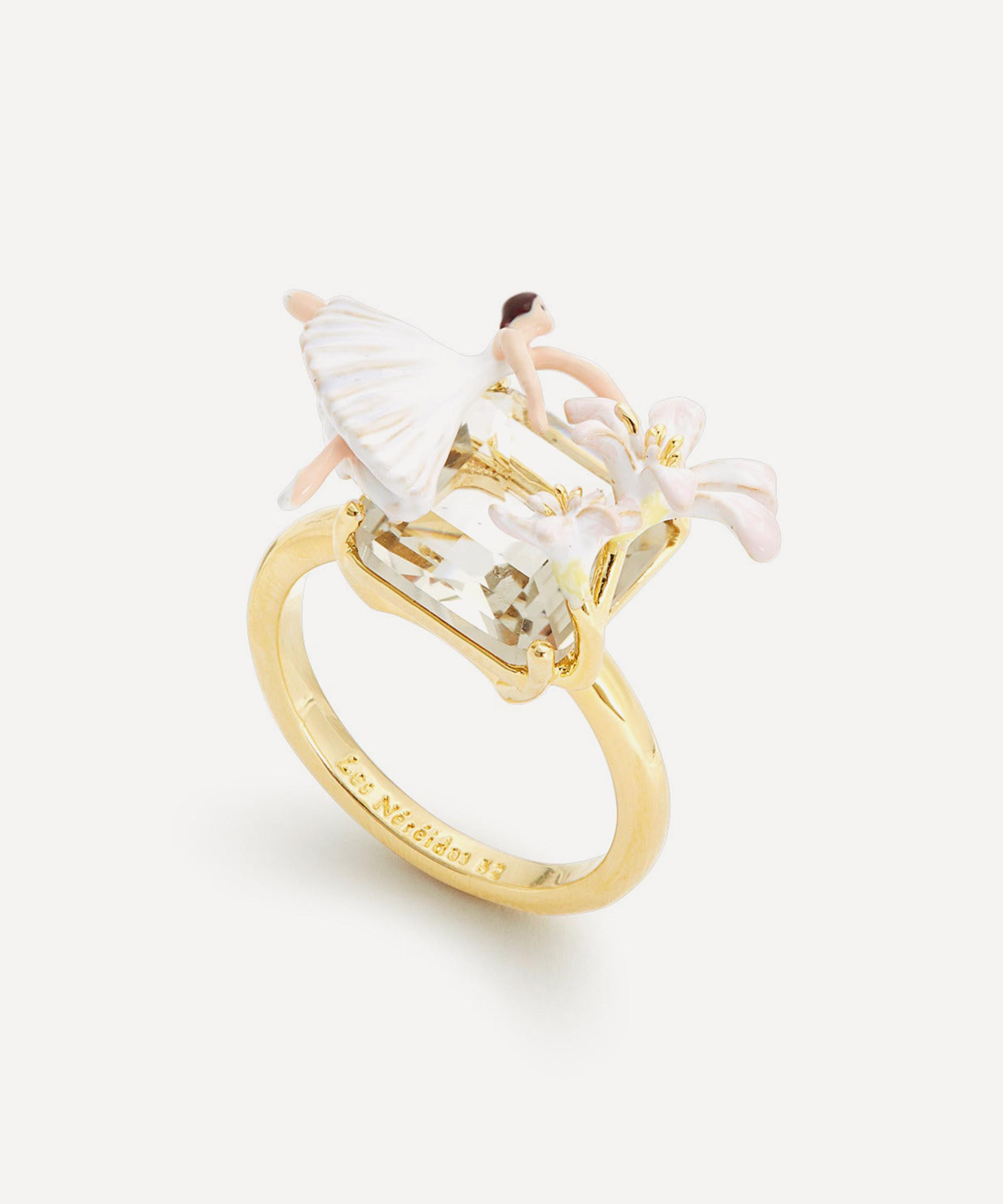 Les N&eacute;r&eacute;ides - Gold-Tone Ballerina Lily Flower and Faceted Stone Ring image number 0