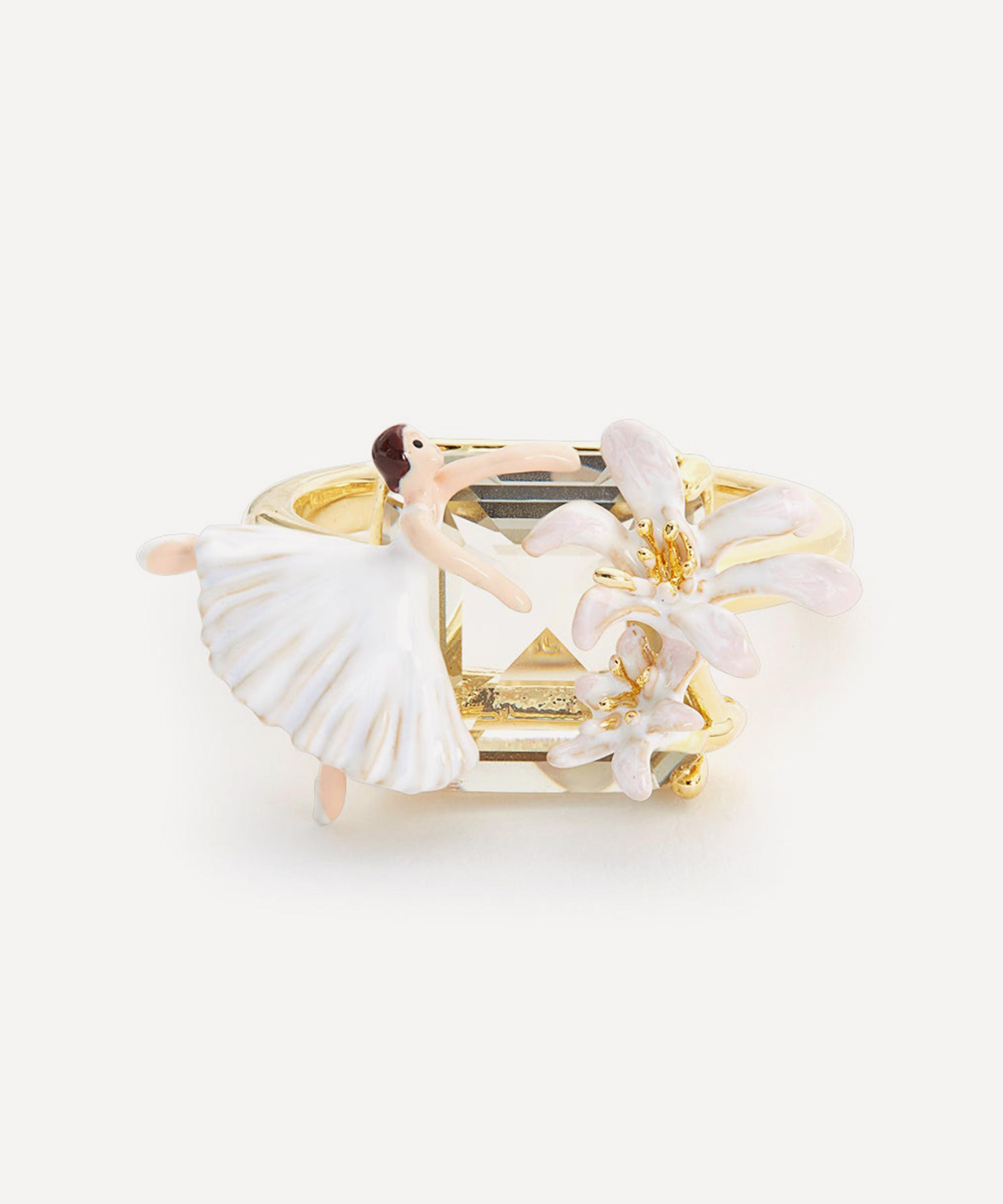 Les N&eacute;r&eacute;ides - Gold-Tone Ballerina Lily Flower and Faceted Stone Ring image number 1
