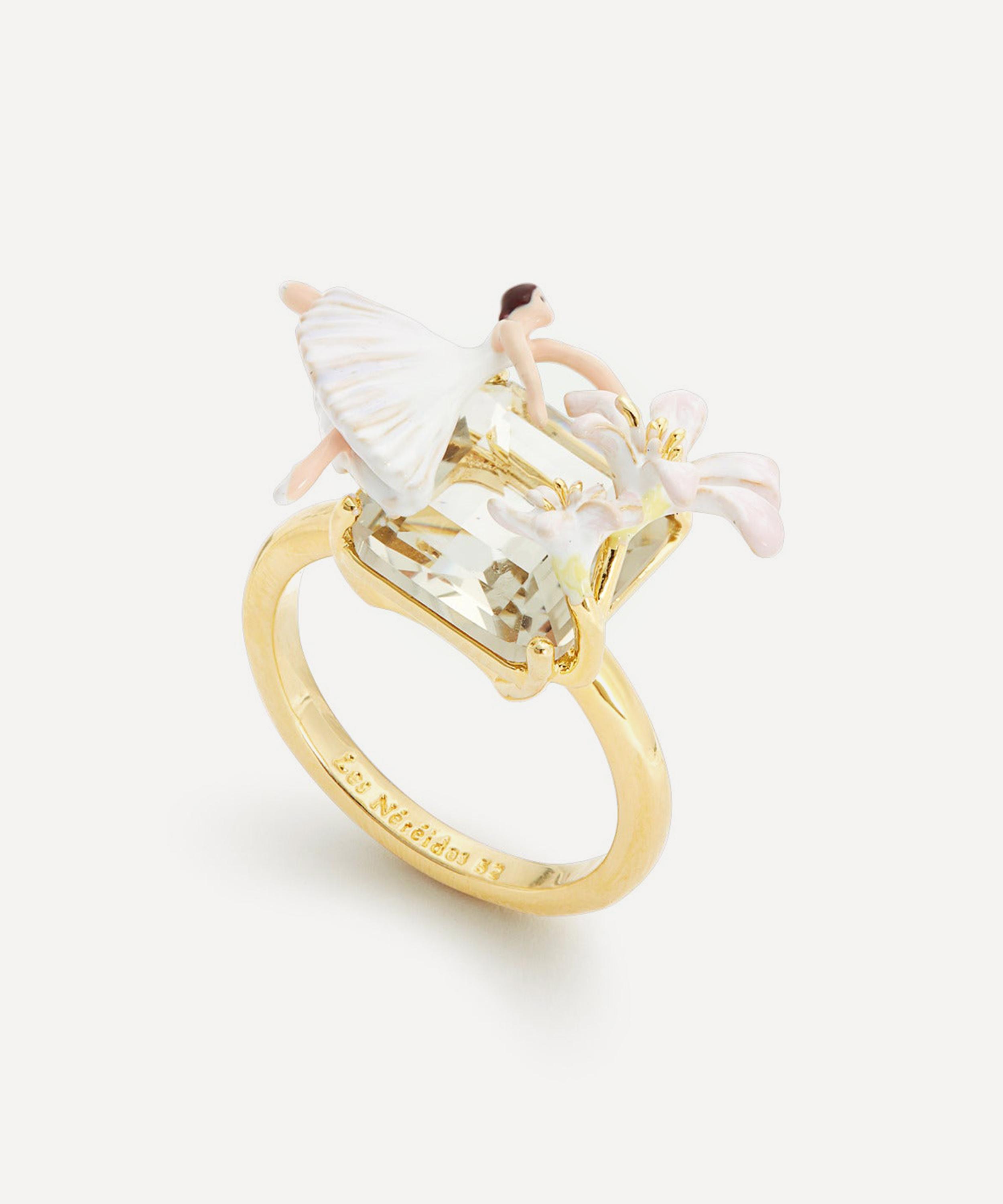 Les N&eacute;r&eacute;ides - Gold-Tone Ballerina Lily Flower and Faceted Stone Ring image number 0