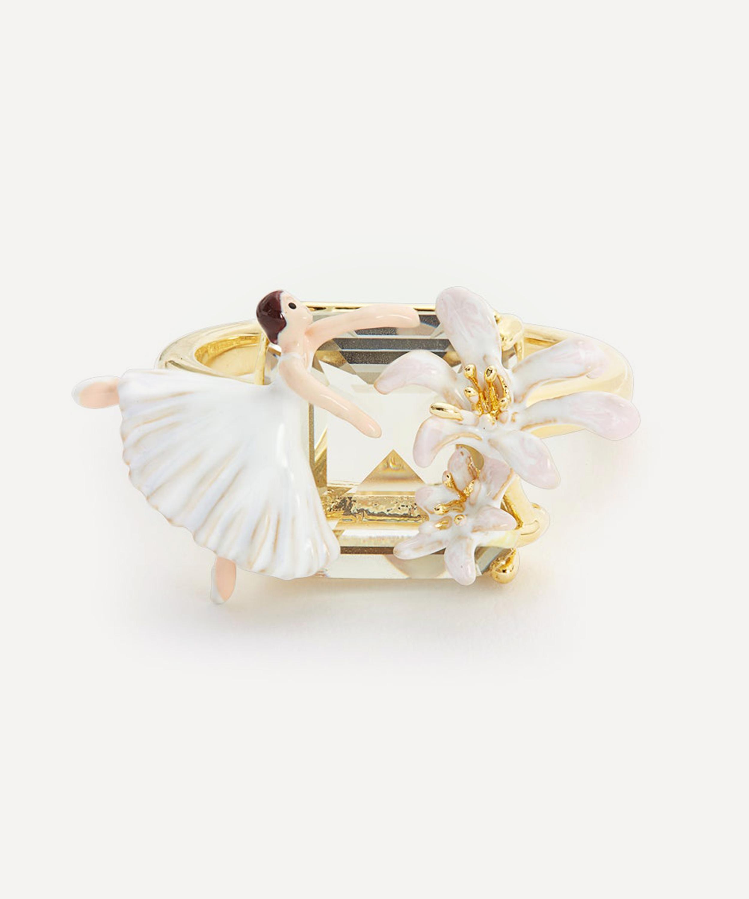 Les N&eacute;r&eacute;ides - Gold-Tone Ballerina Lily Flower and Faceted Stone Ring image number 1