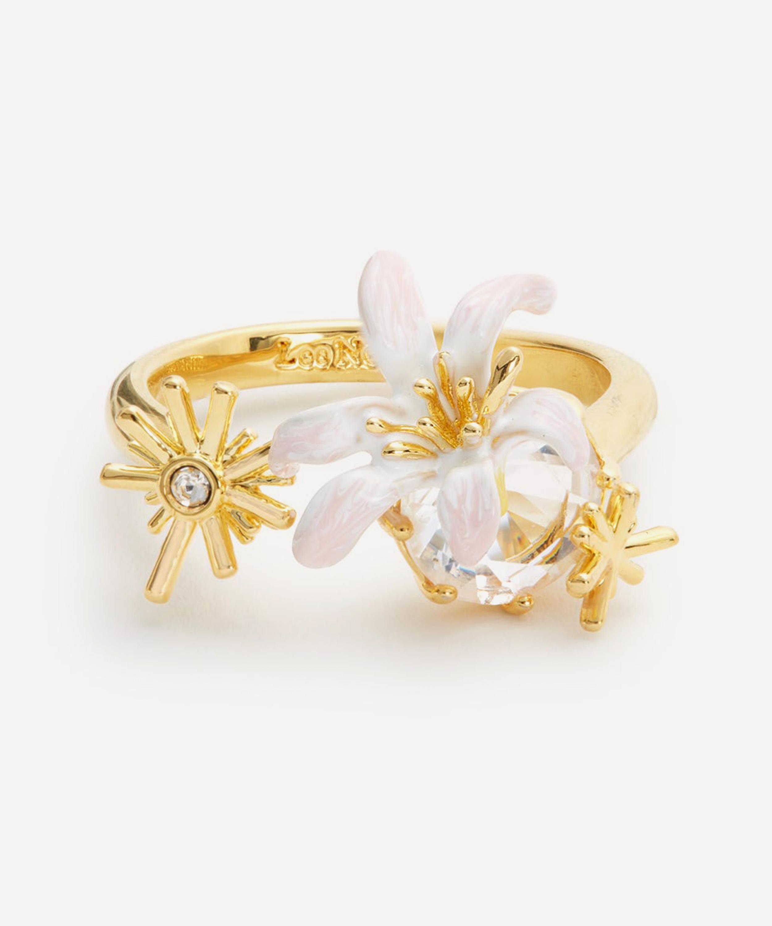 Les N&eacute;r&eacute;ides - Gold-Tone White Lily Flower and Faceted Stone Adjustable Ring image number 0