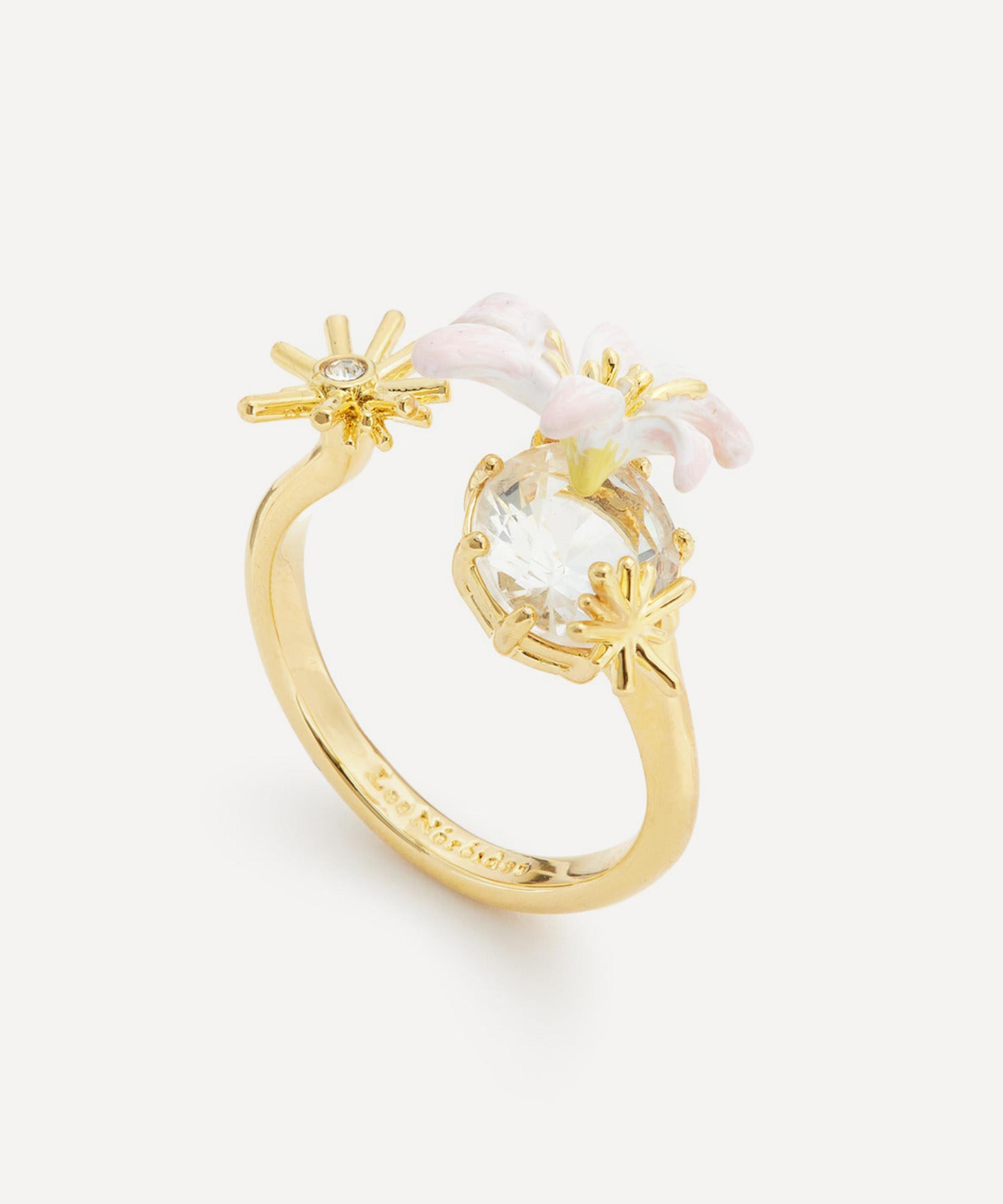Les N&eacute;r&eacute;ides - Gold-Tone White Lily Flower and Faceted Stone Adjustable Ring image number 1