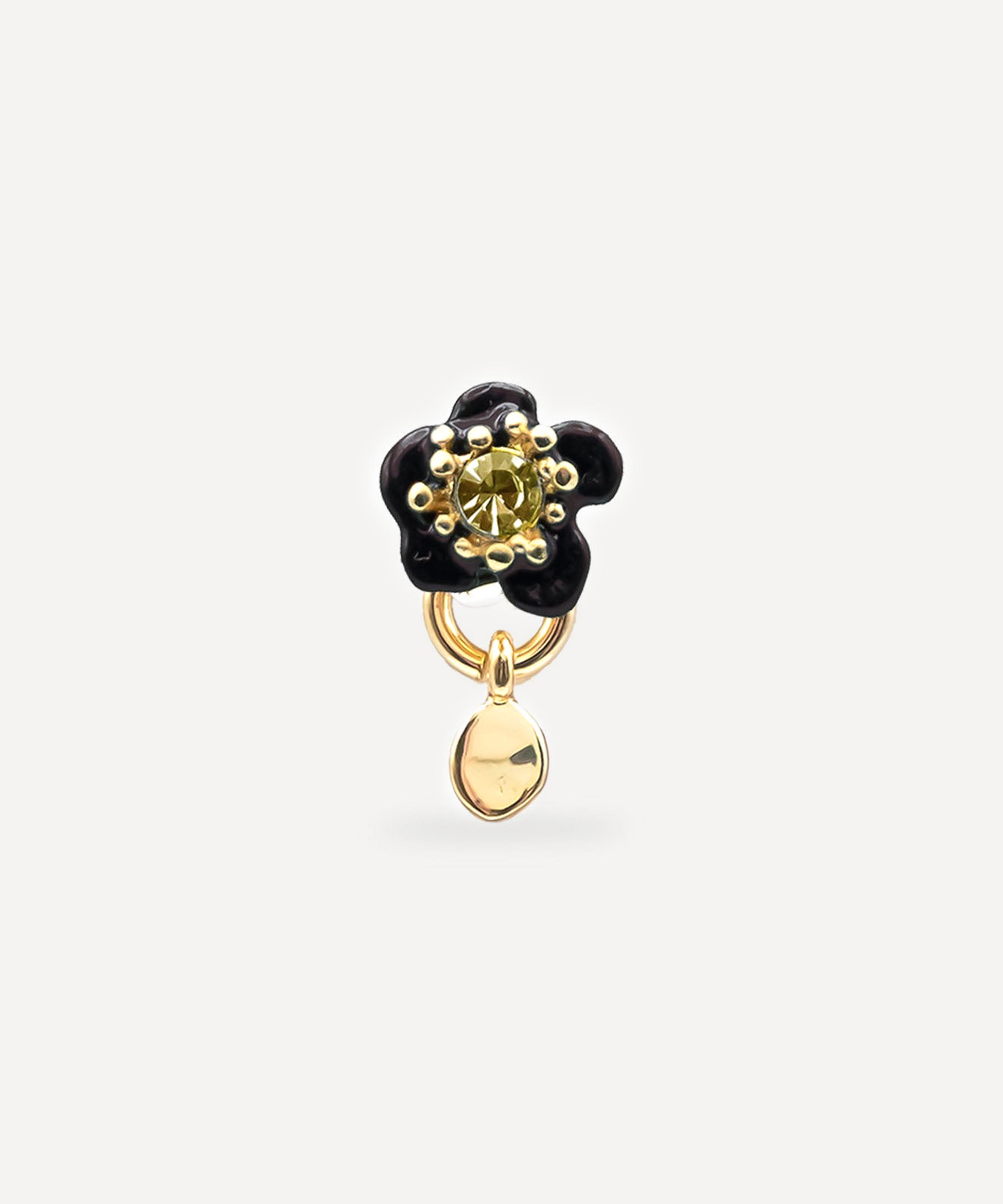 Les N&eacute;r&eacute;ides - Gold-Tone Black Flower and Faceted Stone Single Stud Earring image number 0