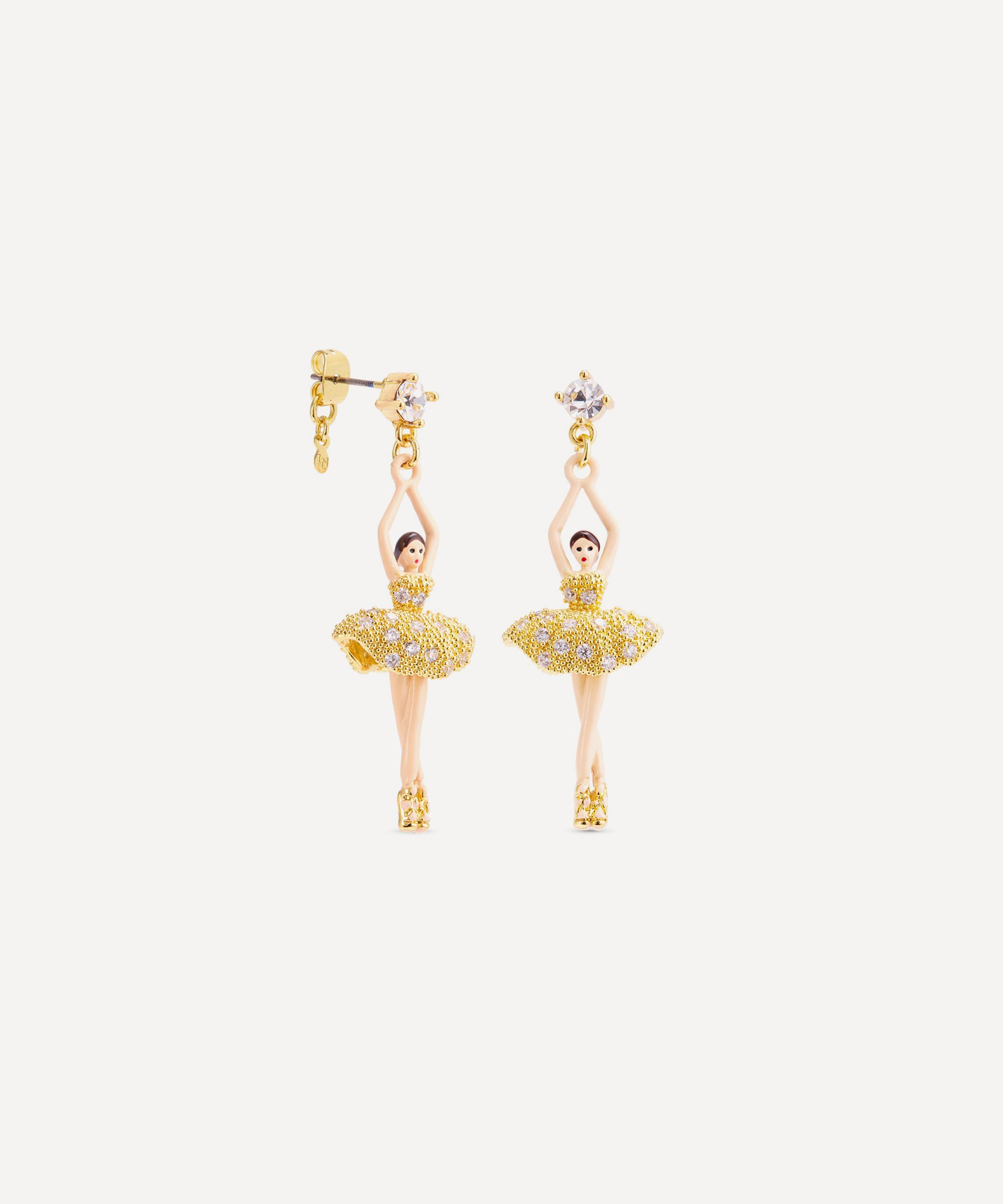 Les N&eacute;r&eacute;ides - Gold-Tone Gold Ballerina and Crystal Drop Earrings image number 2