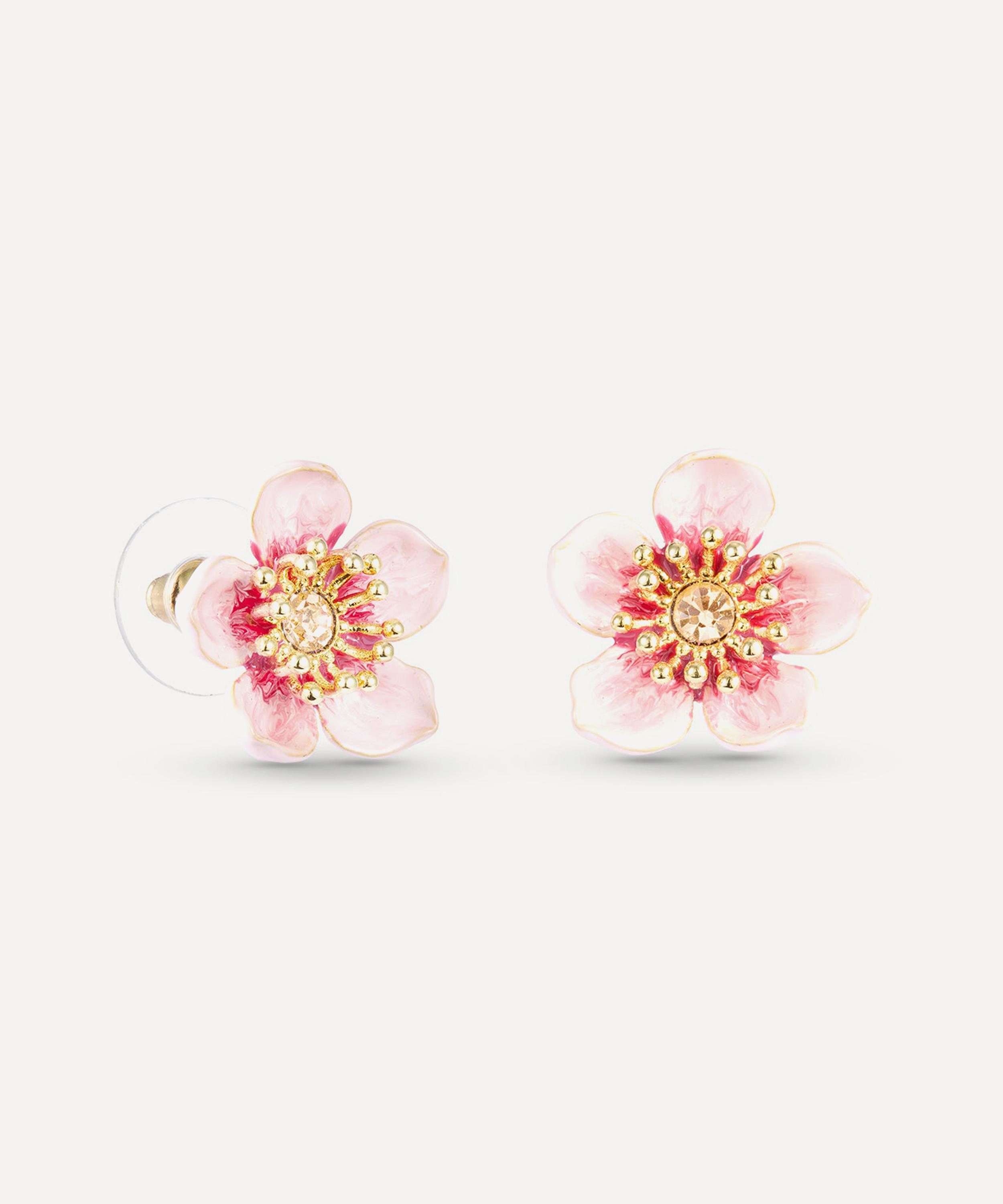 Les N&eacute;r&eacute;ides - Gold-Tone Pink Cherry Blossom Stud Earrings image number 1