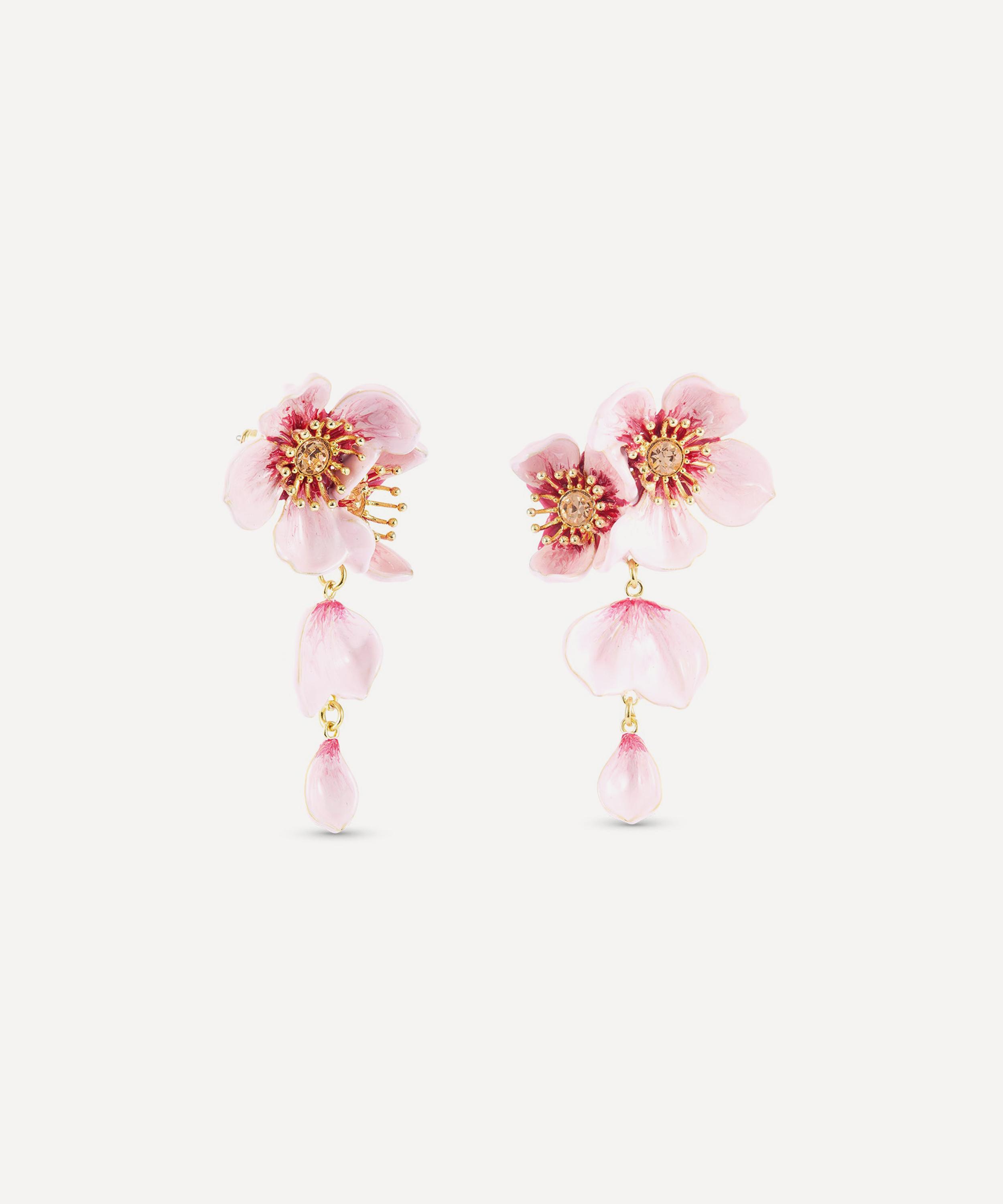 Les N&eacute;r&eacute;ides - Gold-Tone Pink Cherry Blossom Dangling Drop Earrings image number 1