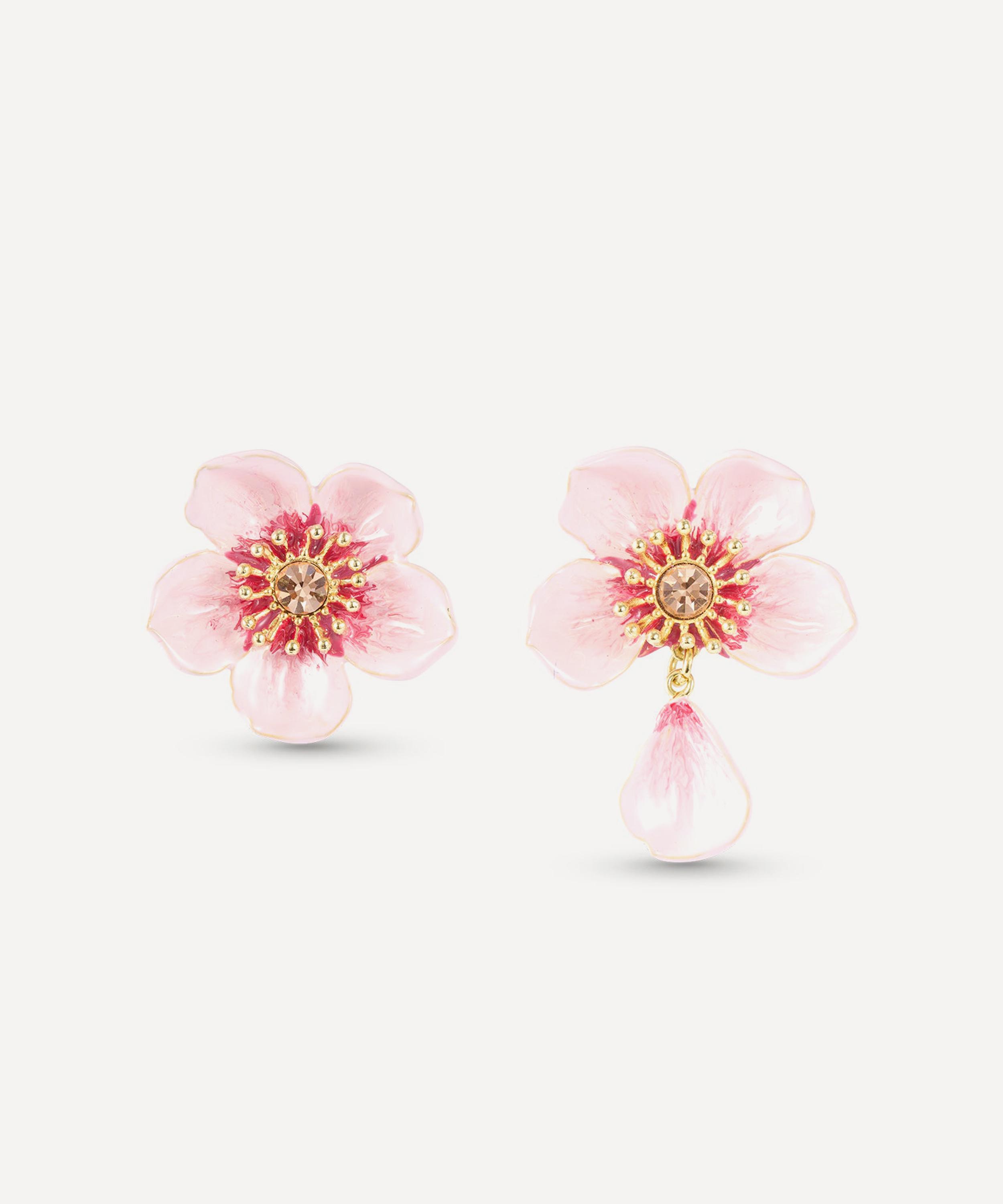 Les N&eacute;r&eacute;ides - Gold-Tone Asymmetrical Pink Cherry Blossom Stud Earrings image number 0