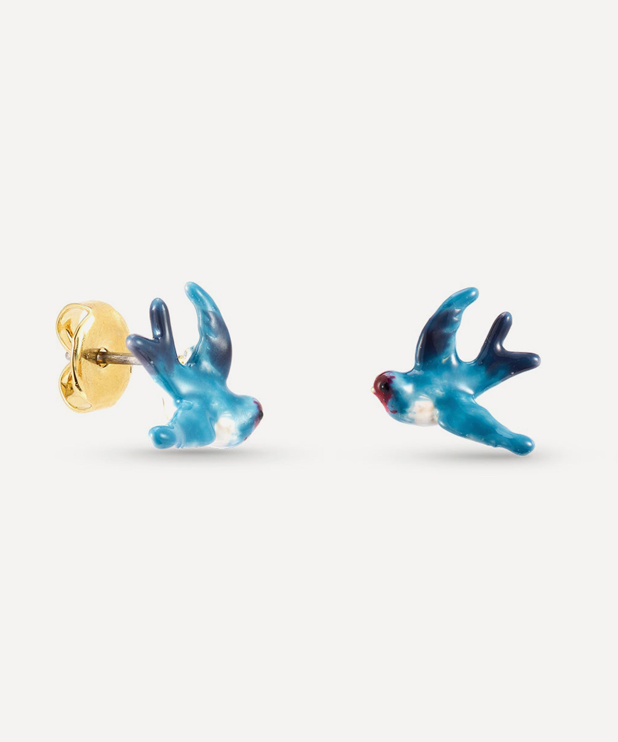 Les N&eacute;r&eacute;ides - Gold-Tone Blue Swallow Stud Earrings image number 1