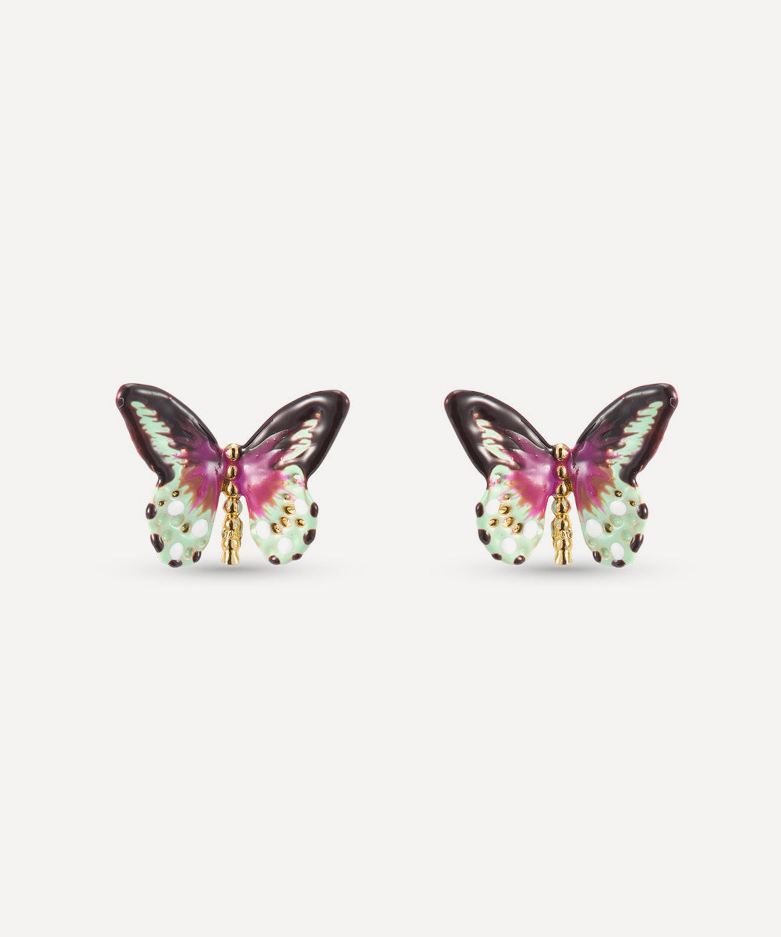 Les N&eacute;r&eacute;ides - Gold-Tone Green and Purple Butterfly Stud Earrings image number 0