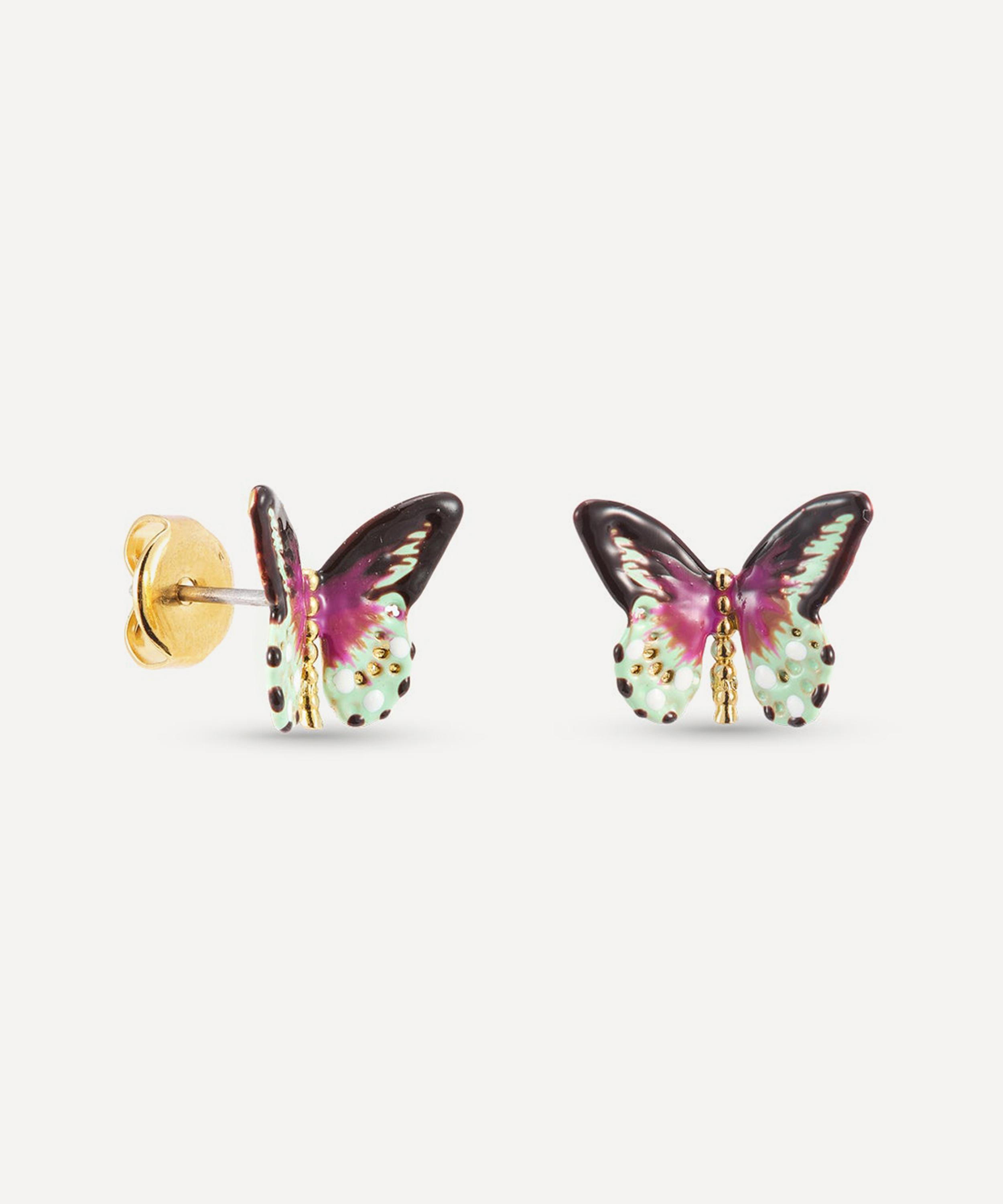 Les N&eacute;r&eacute;ides - Gold-Tone Green and Purple Butterfly Stud Earrings image number 1