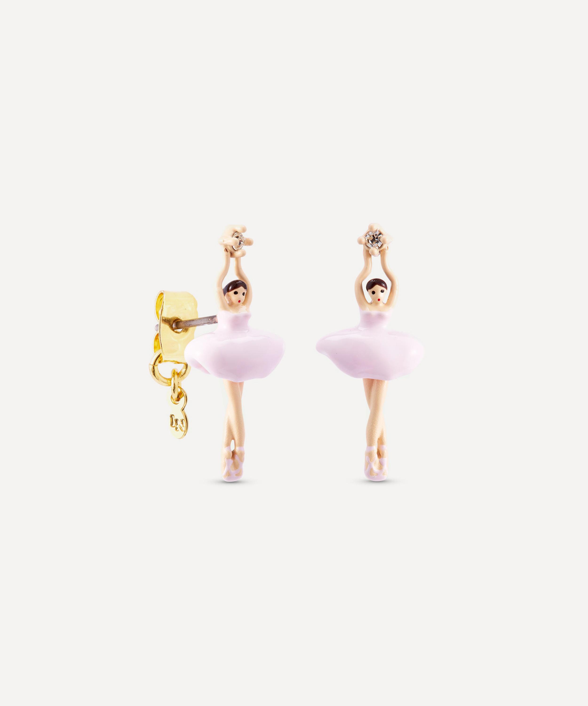 Les N&eacute;r&eacute;ides - Gold-Tone Pink Ballerina and Crystal Drop Earrings image number 2