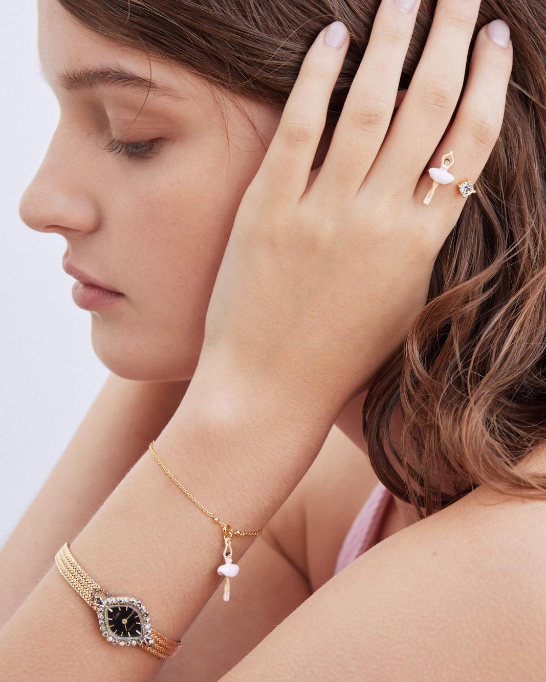 Les N&eacute;r&eacute;ides - Gold-Tone Pink Ballerina and Crystal Adjustable Ring image number 1