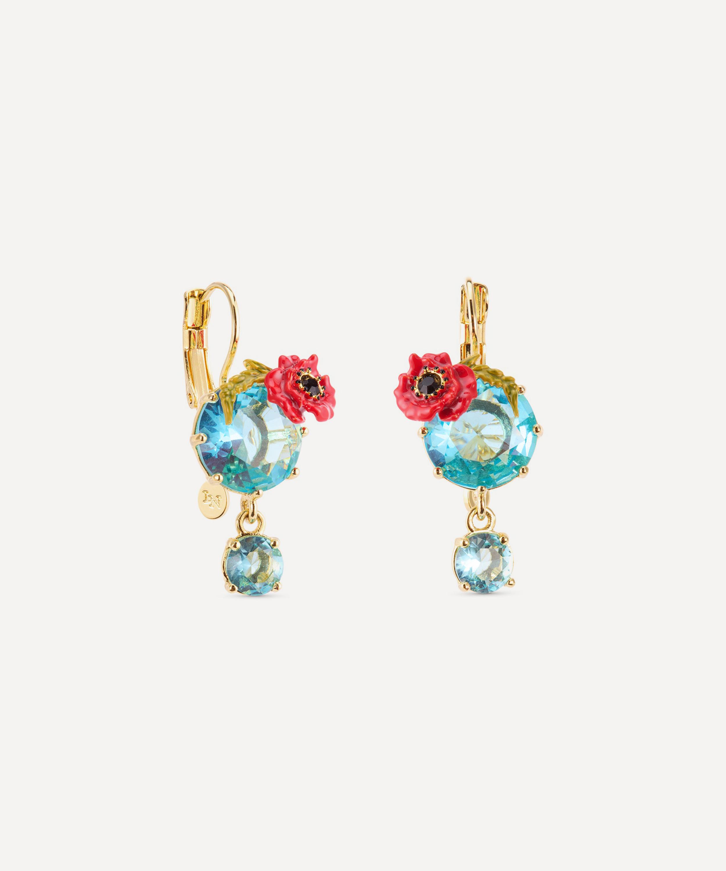 Les N&eacute;r&eacute;ides - Gold-Tone Poppies and Blue Stone Sleeper Earrings image number 1