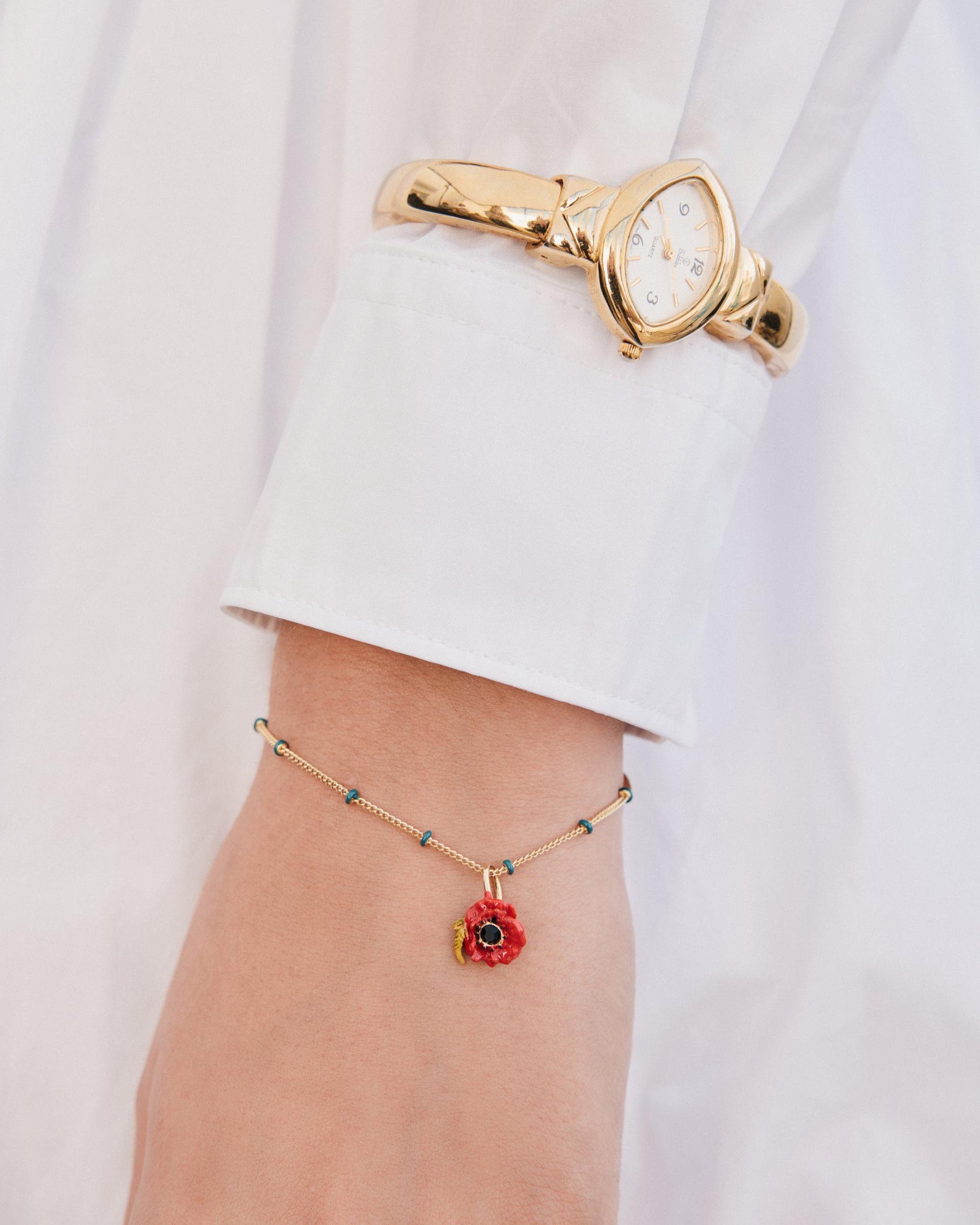 Les N&eacute;r&eacute;ides - Gold-Tone Poppy with Black Crystal Bracelet image number 1