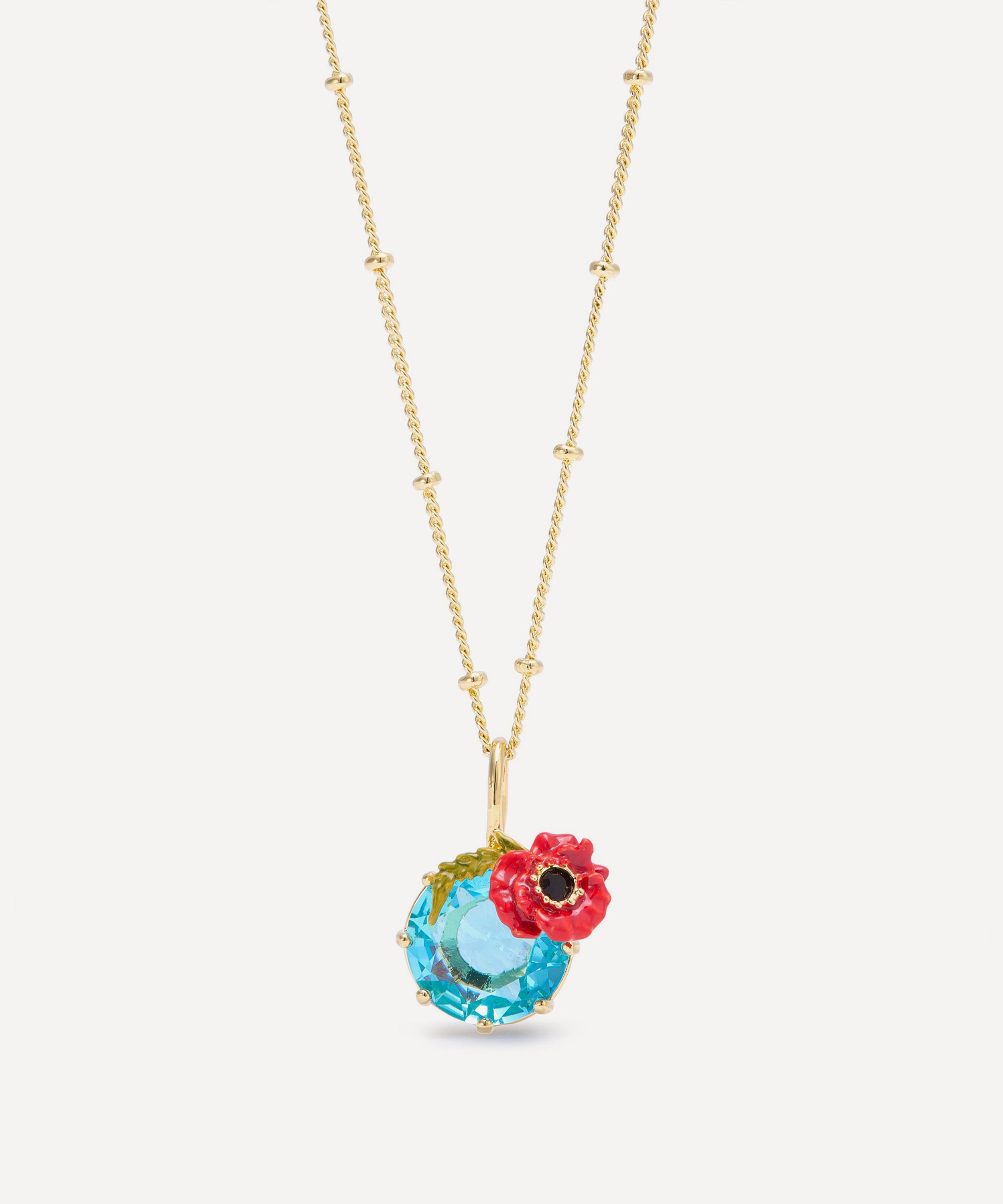 Les N&eacute;r&eacute;ides - Gold-Tone Poppy with Blue Stone Pendant Necklace image number 2