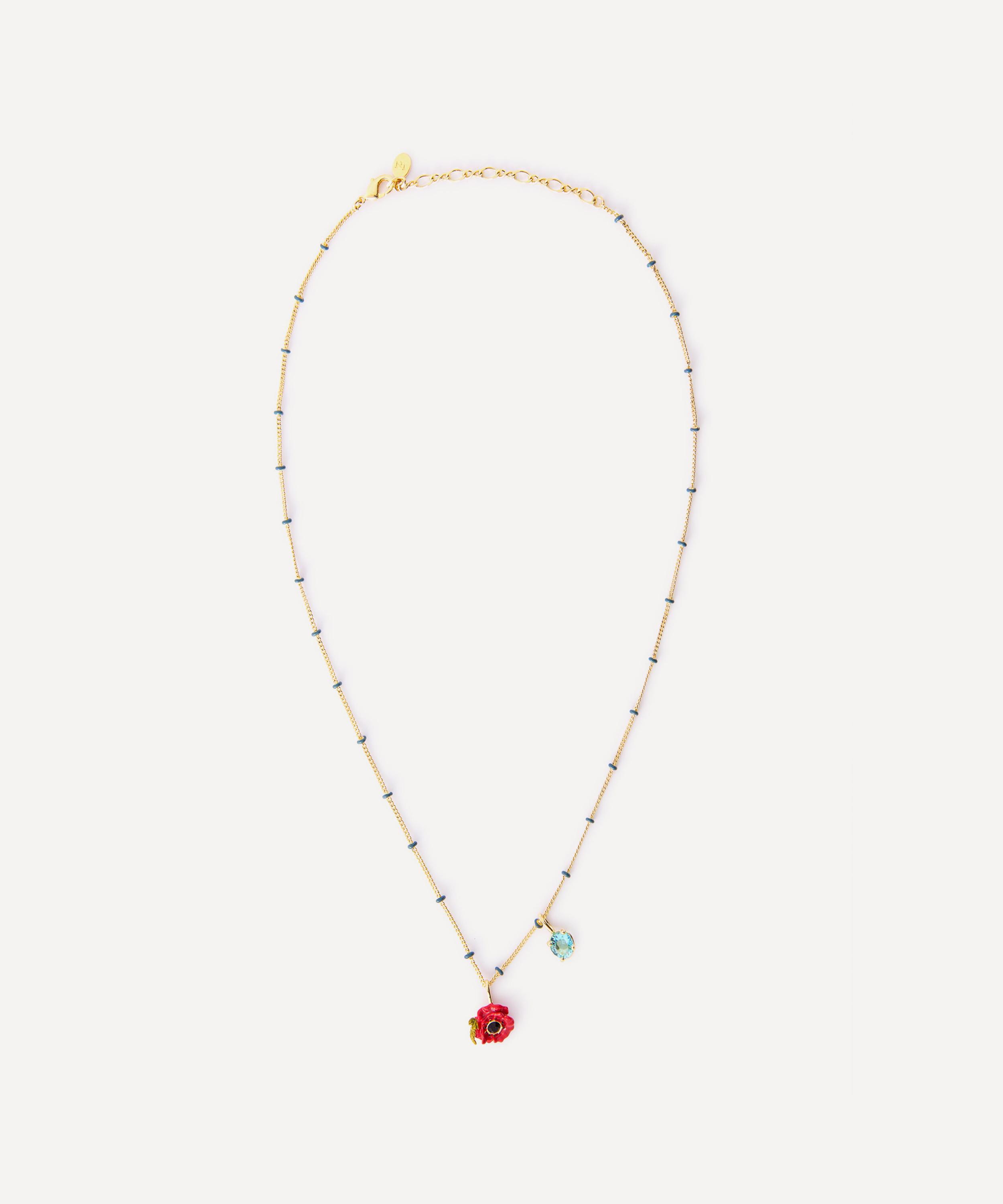 Les N&eacute;r&eacute;ides - Gold-Tone Red Poppy with Blue Stone Pendant Necklace image number 0