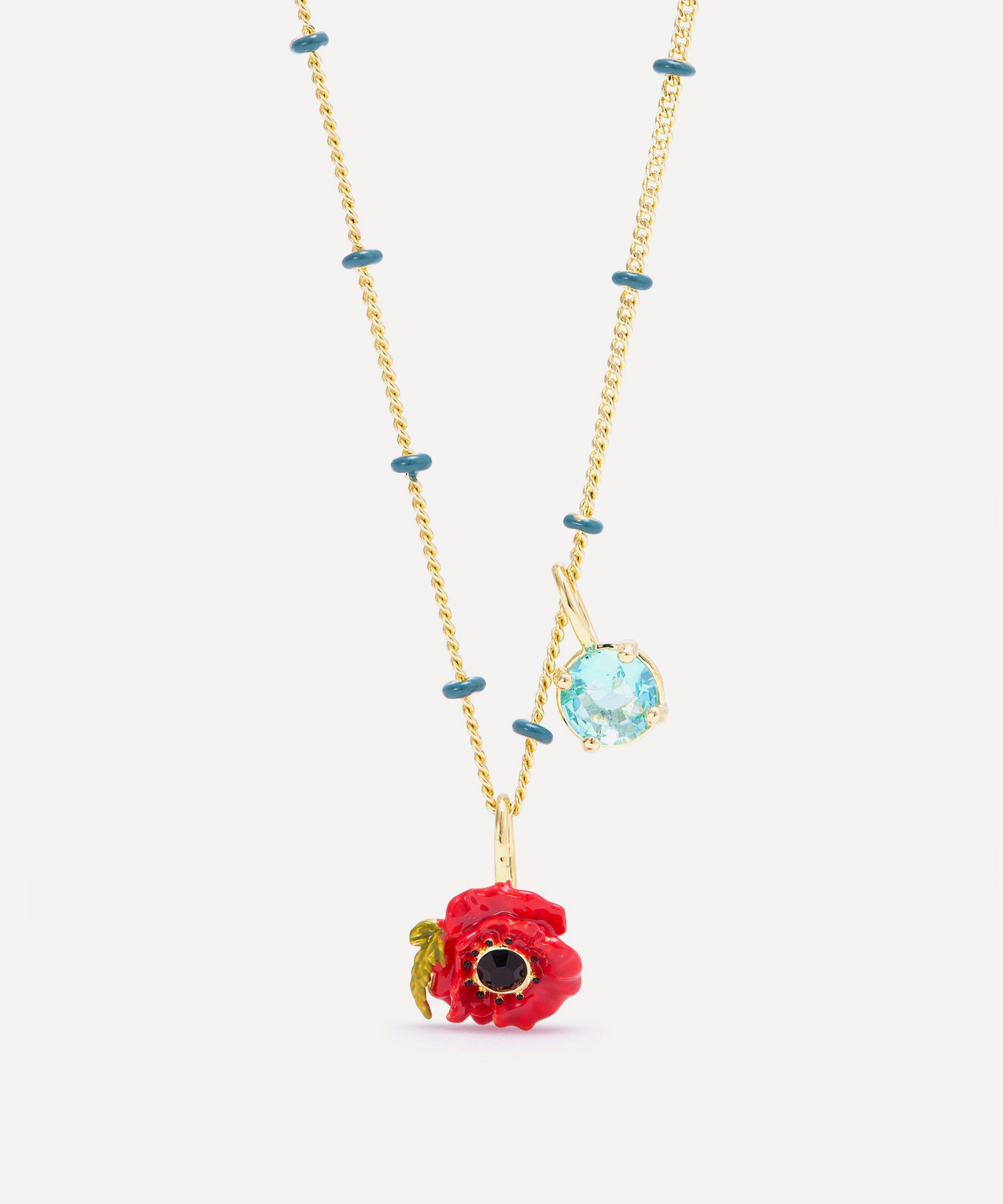 Les N&eacute;r&eacute;ides - Gold-Tone Red Poppy with Blue Stone Pendant Necklace image number 1