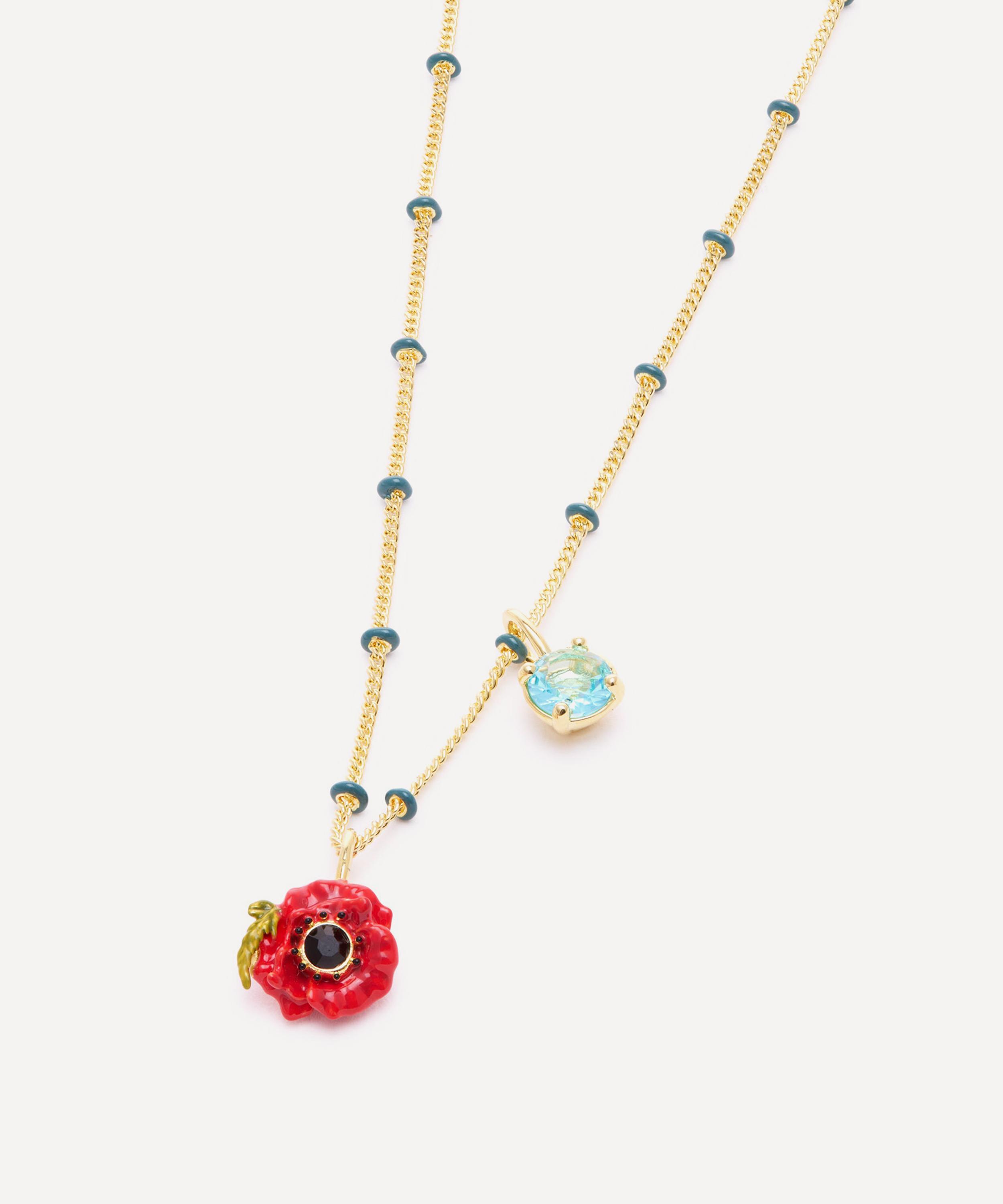 Les N&eacute;r&eacute;ides - Gold-Tone Red Poppy with Blue Stone Pendant Necklace image number 2