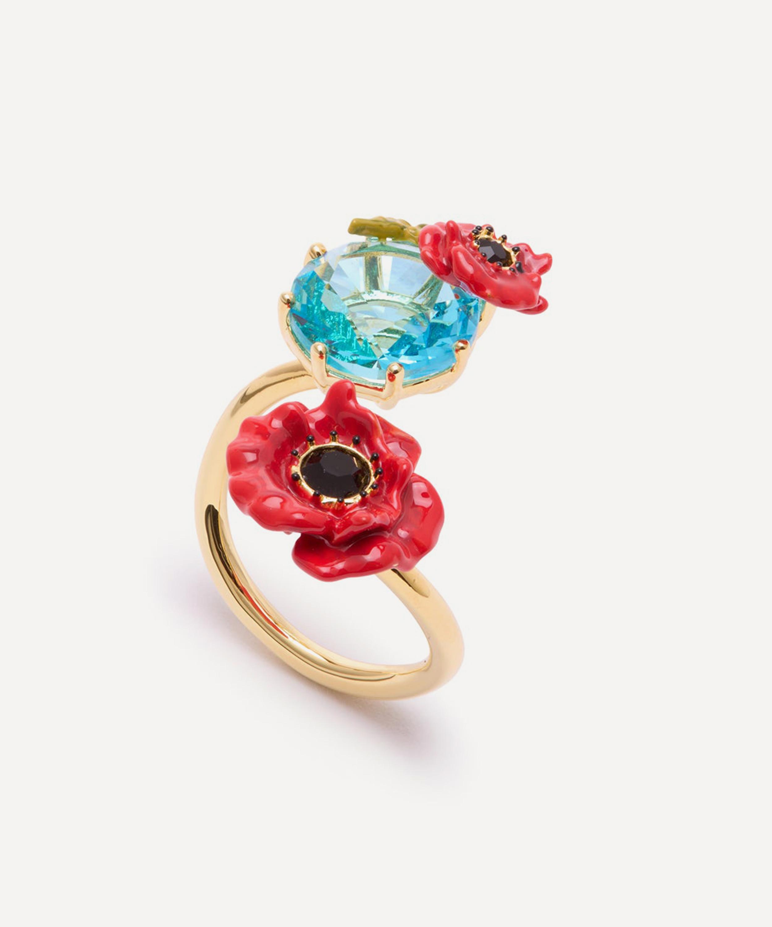 Les N&eacute;r&eacute;ides - Gold-Tone Red Poppy with Blue Stone Adjustable Ring image number 0