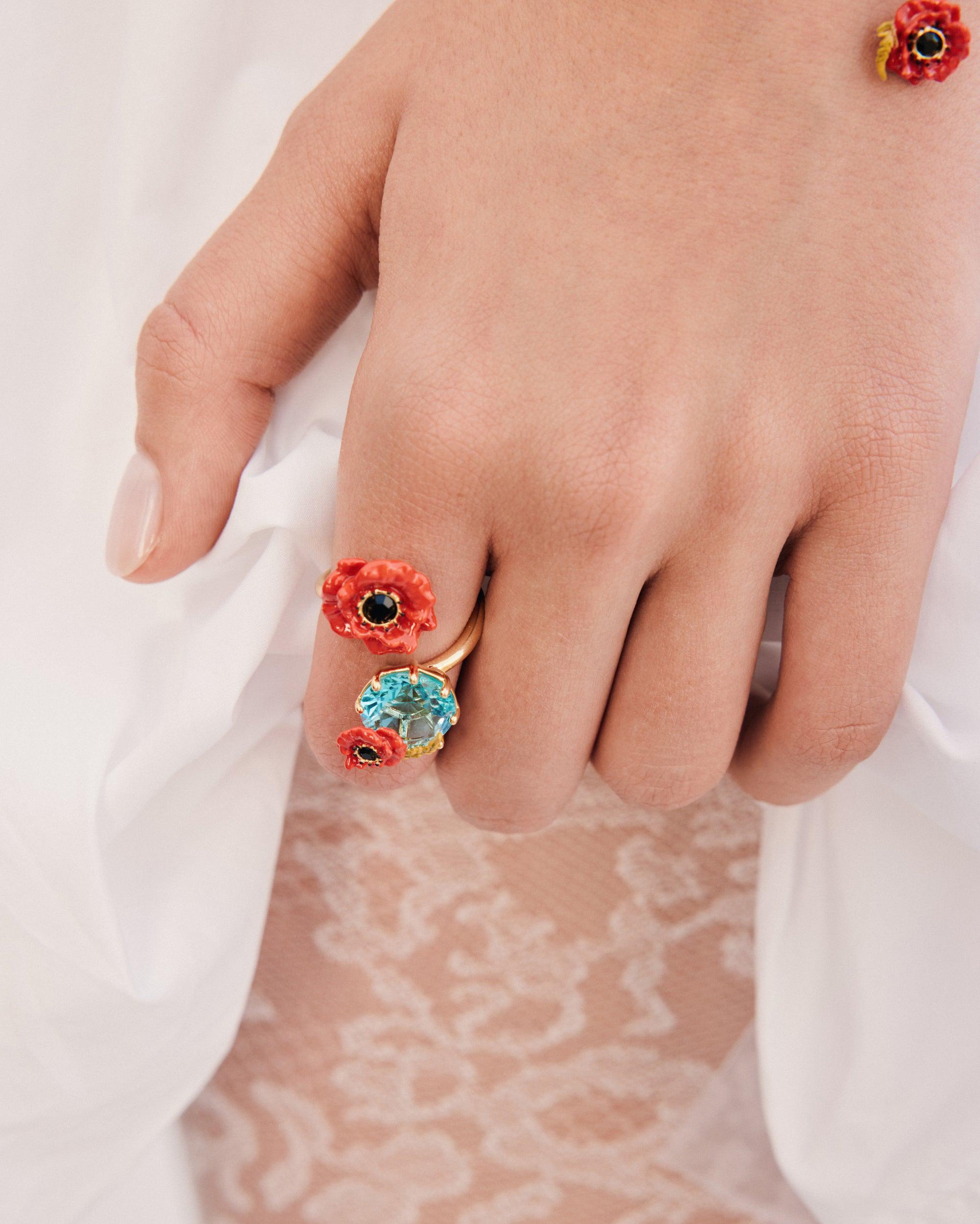 Les N&eacute;r&eacute;ides - Gold-Tone Red Poppy with Blue Stone Adjustable Ring image number 1