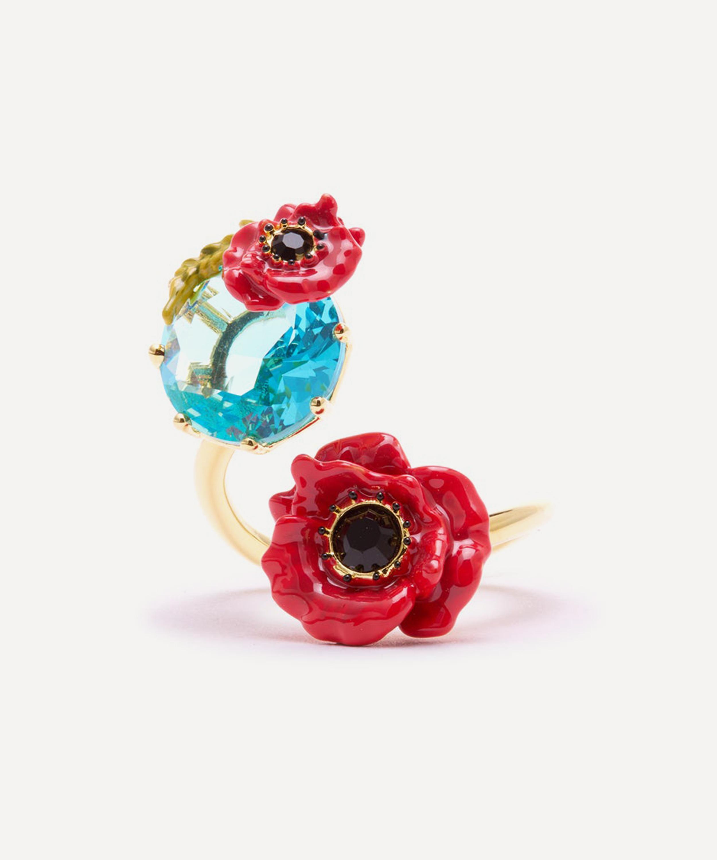 Les N&eacute;r&eacute;ides - Gold-Tone Red Poppy with Blue Stone Adjustable Ring image number 2