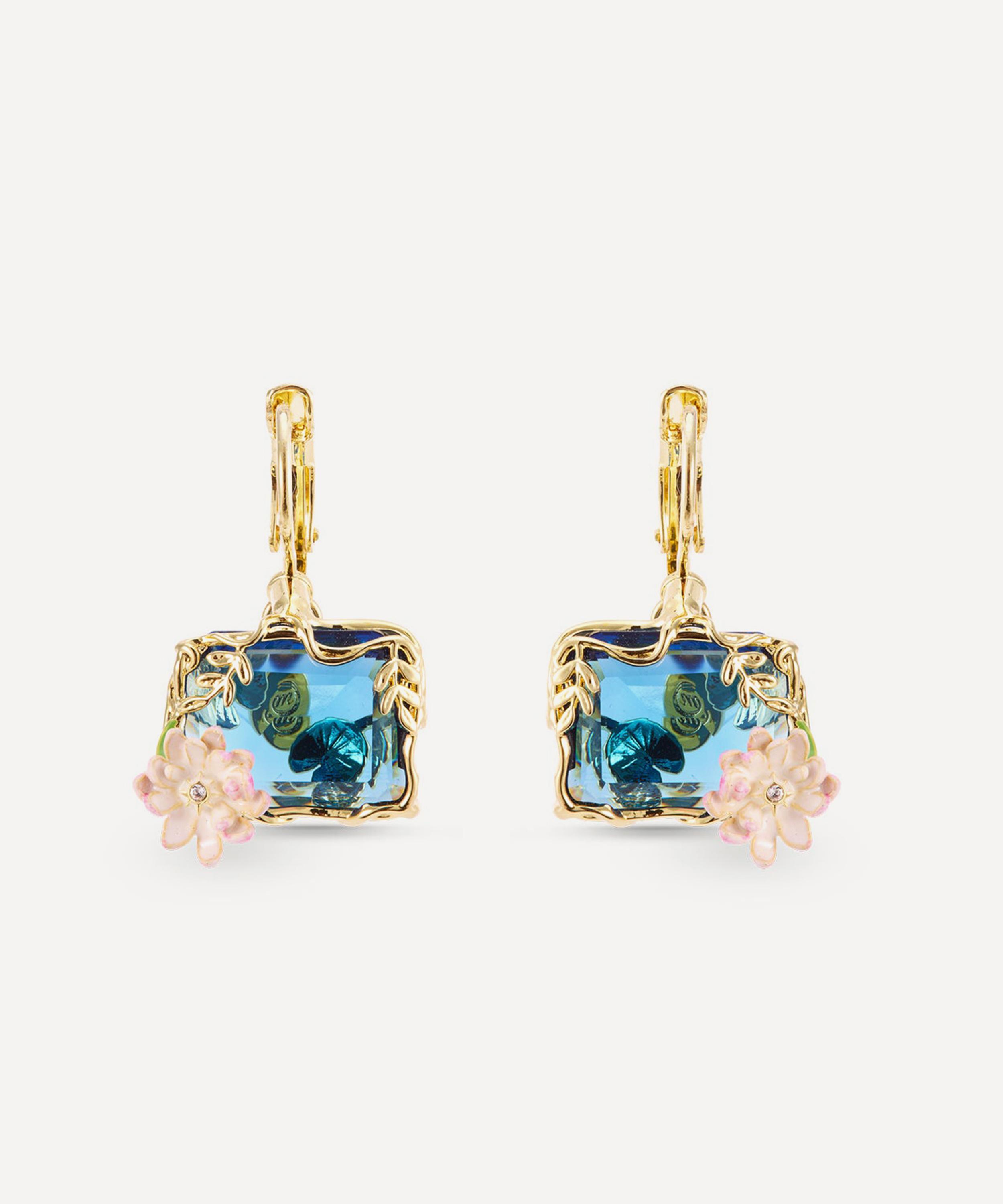 Les N&eacute;r&eacute;ides - Gold-Tone Blue and Pink Water Lily Pond Sleeper Earrings image number 0