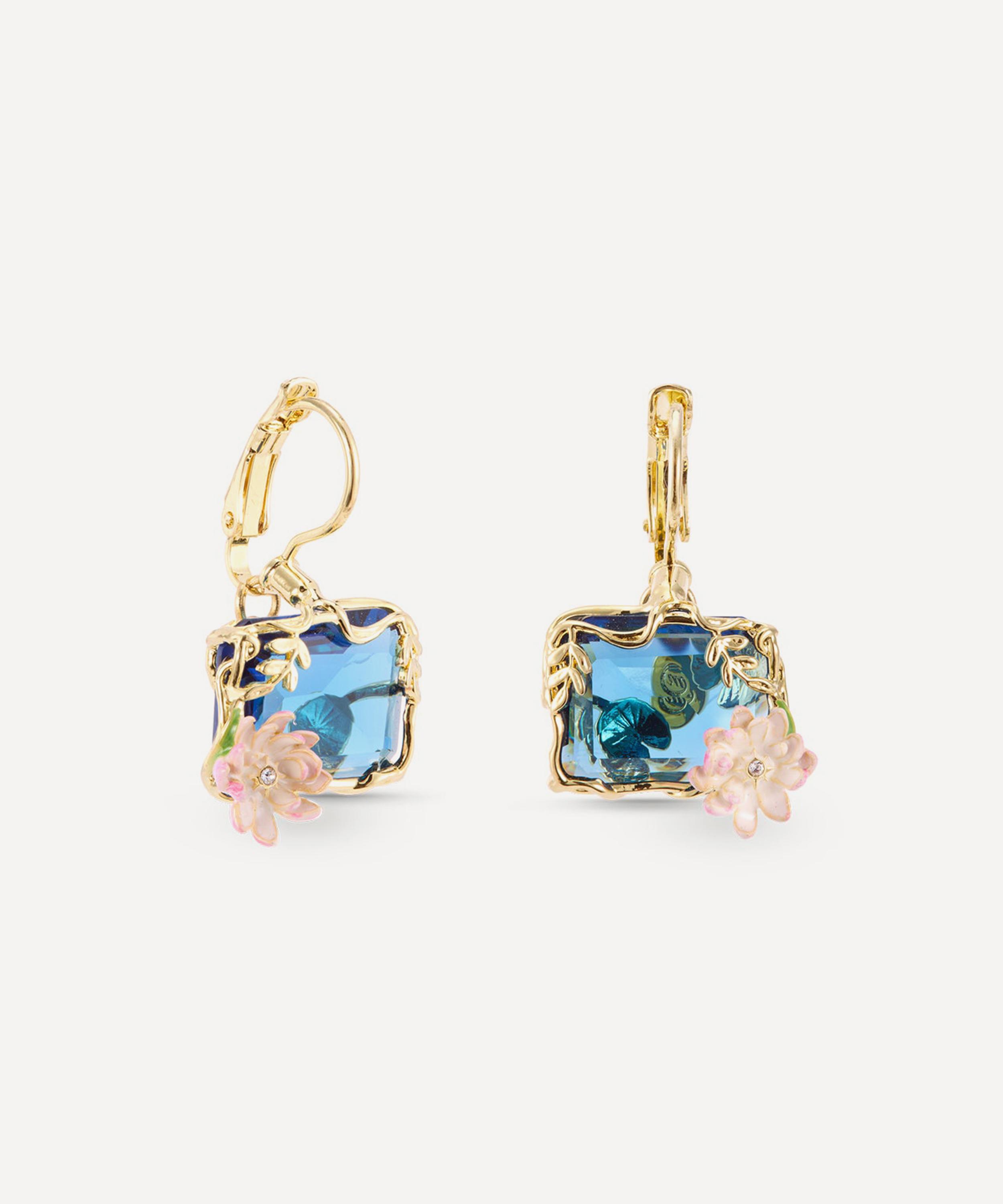 Les N&eacute;r&eacute;ides - Gold-Tone Blue and Pink Water Lily Pond Sleeper Earrings image number 2