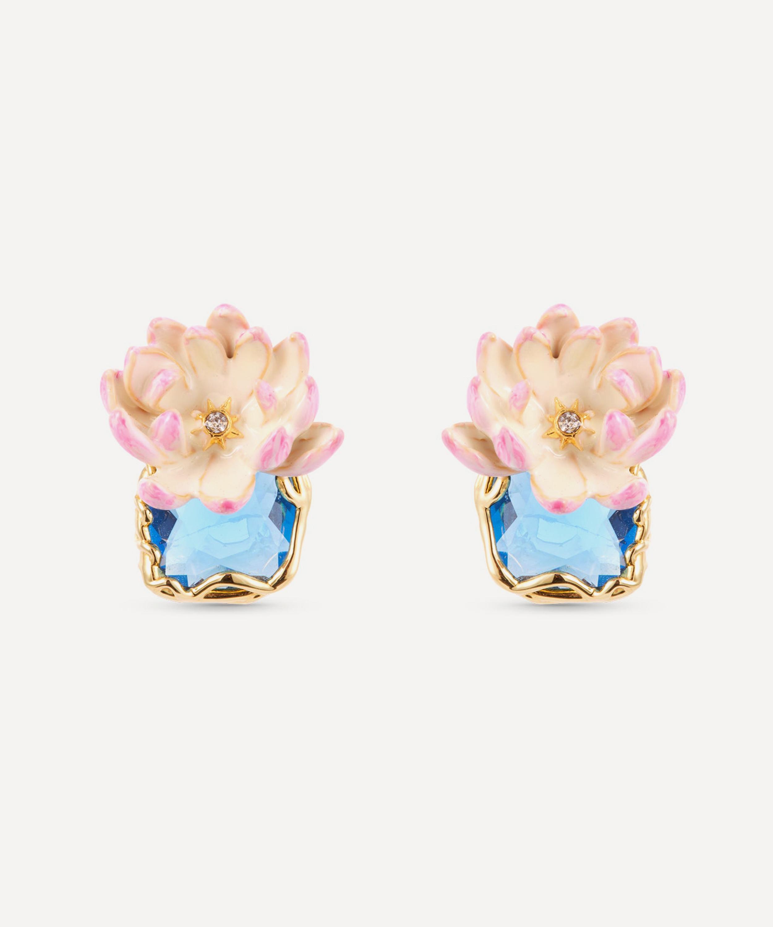 Les N&eacute;r&eacute;ides - Gold-Tone Pink Water Lily and Round Blue Stone Stud Earrings image number 0
