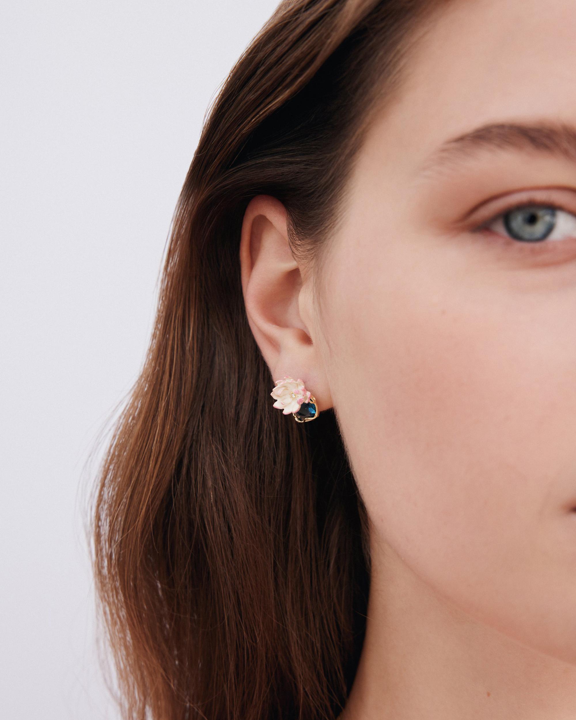 Les N&eacute;r&eacute;ides - Gold-Tone Pink Water Lily and Round Blue Stone Stud Earrings image number 1