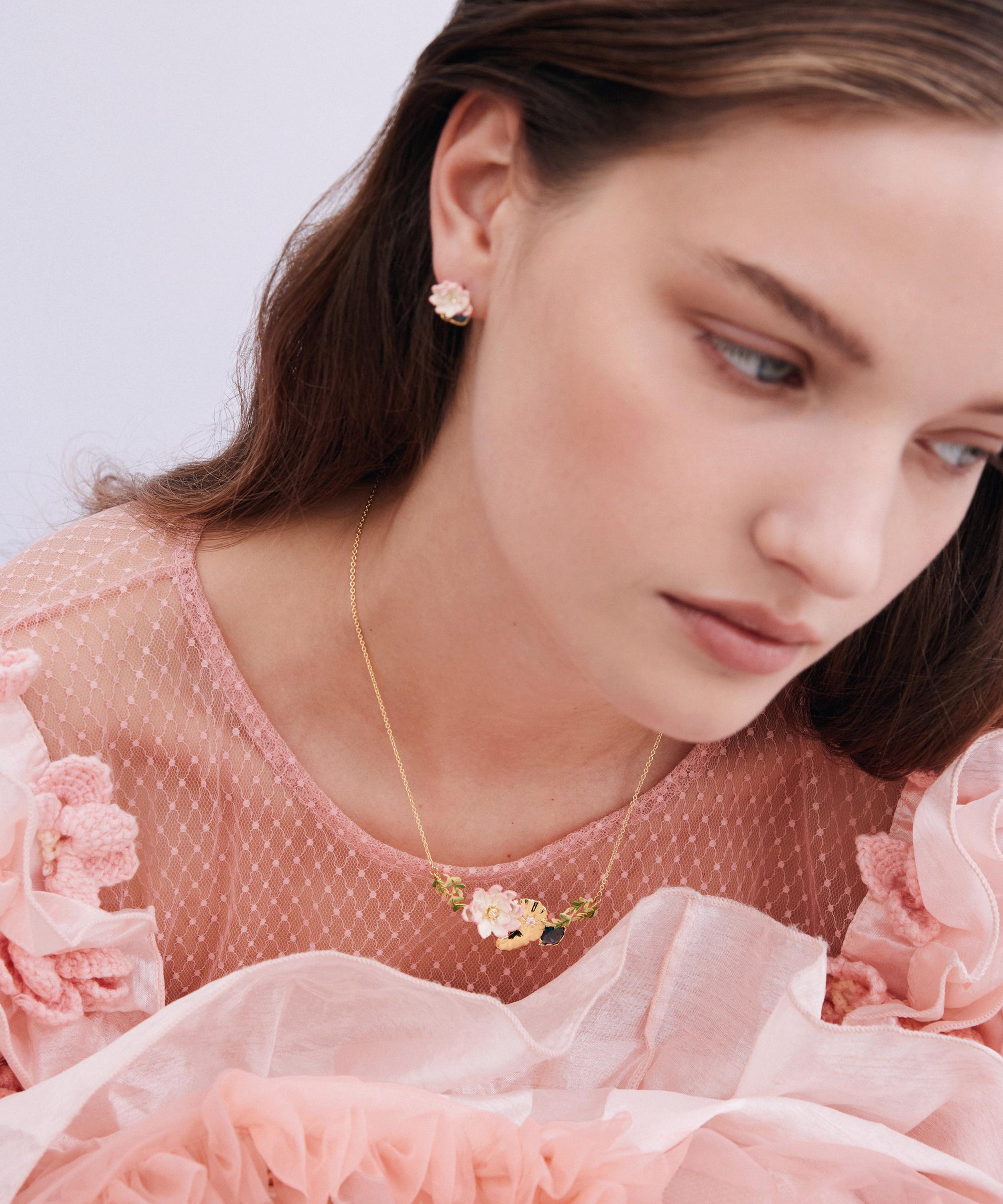 Les N&eacute;r&eacute;ides - Gold-Tone Pink Water Lily and Round Blue Stone Stud Earrings image number 2