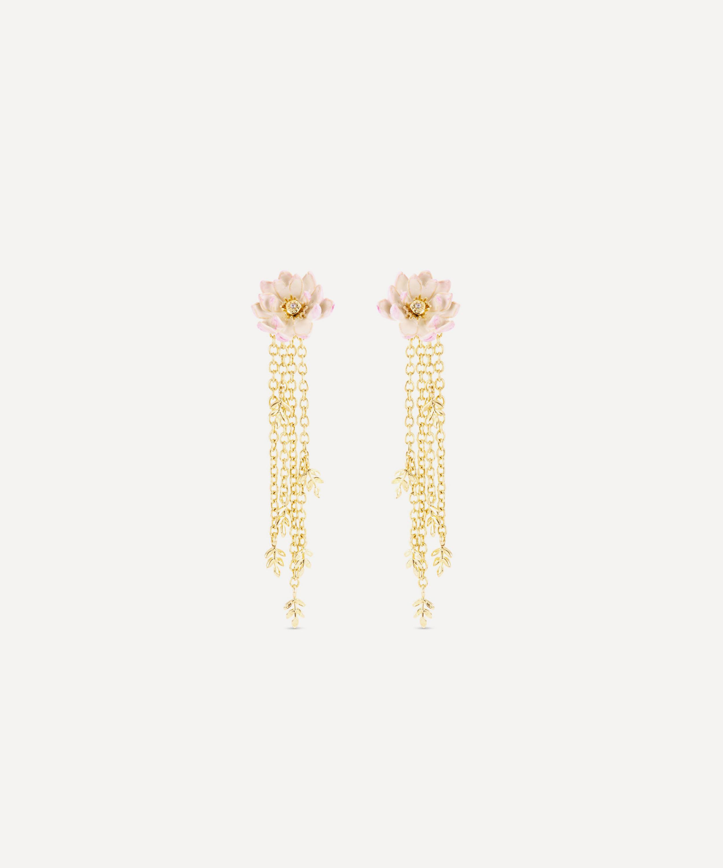 Les N&eacute;r&eacute;ides - Gold-Tone Pink Water Lily Drop Earrings image number 0