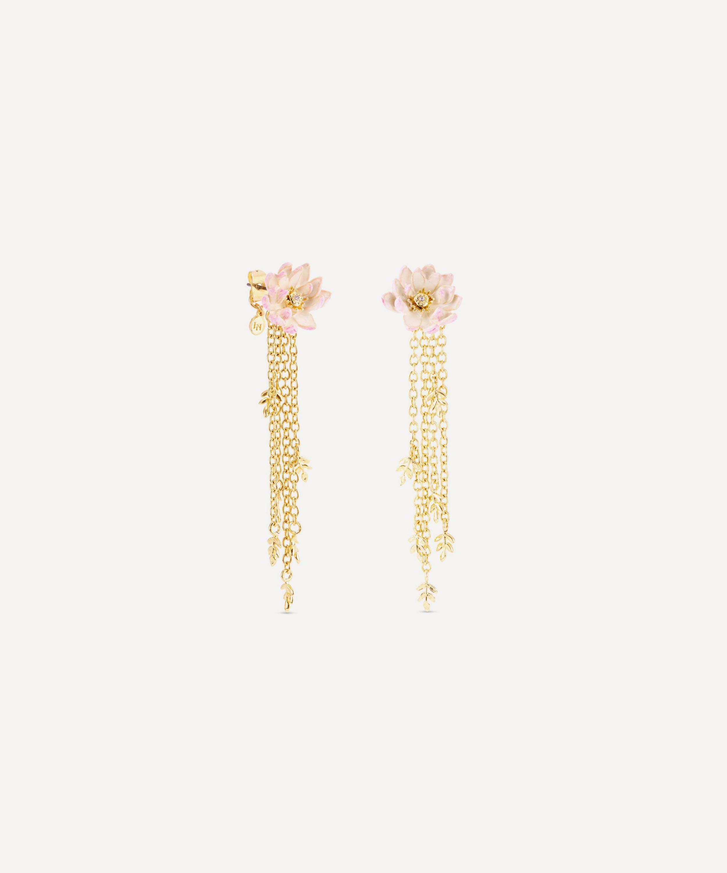 Les N&eacute;r&eacute;ides - Gold-Tone Pink Water Lily Drop Earrings image number 2