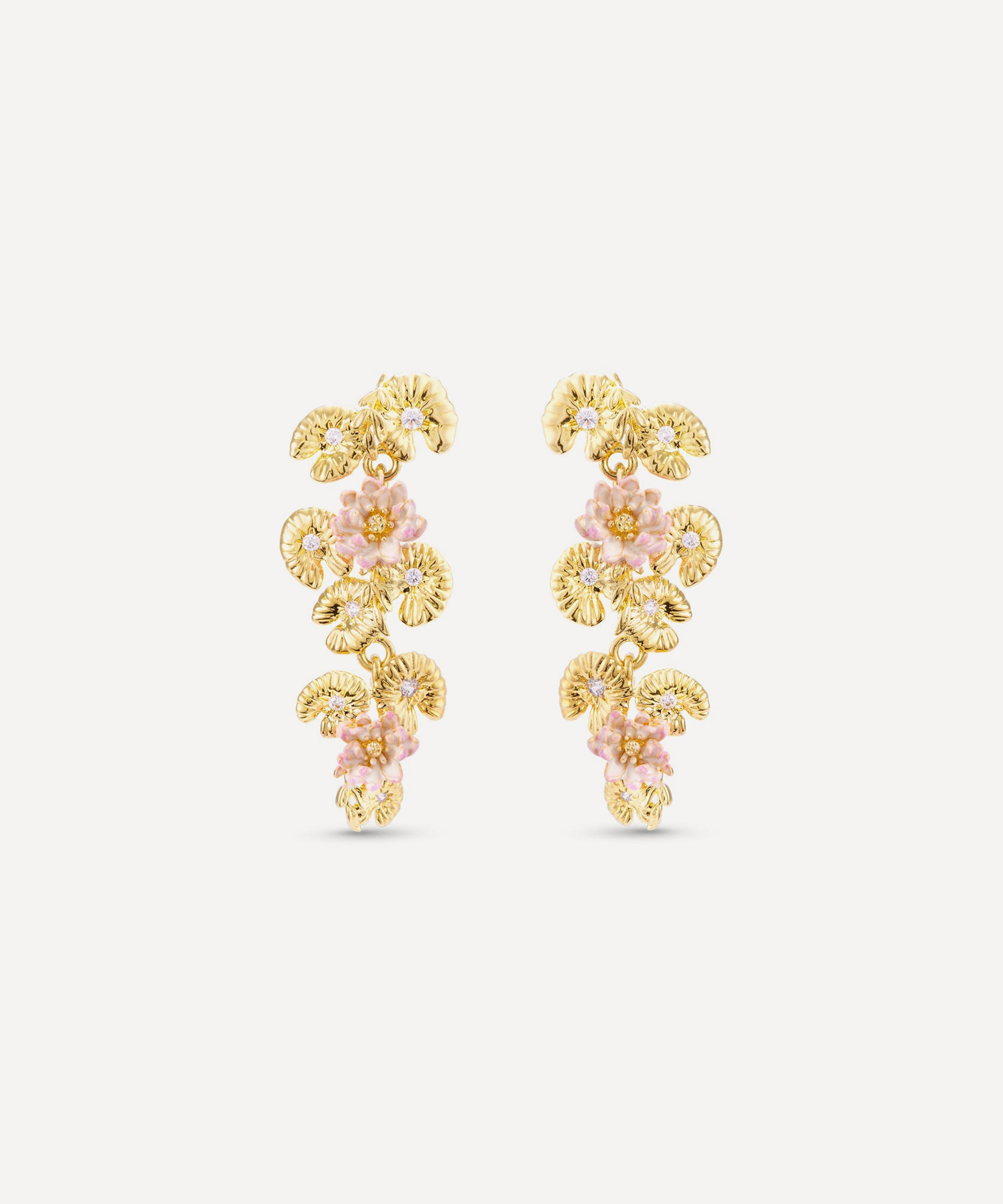 Les N&eacute;r&eacute;ides - Gold-Tone Lotus and Pink Water Lily Drop Earrings image number 0