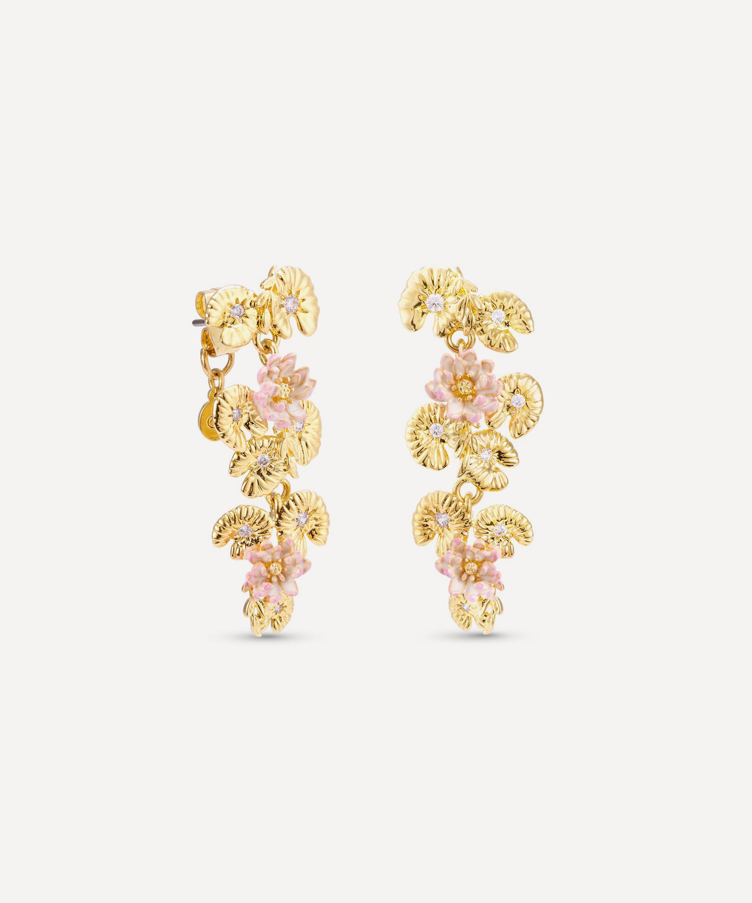 Les N&eacute;r&eacute;ides - Gold-Tone Lotus and Pink Water Lily Drop Earrings image number 1