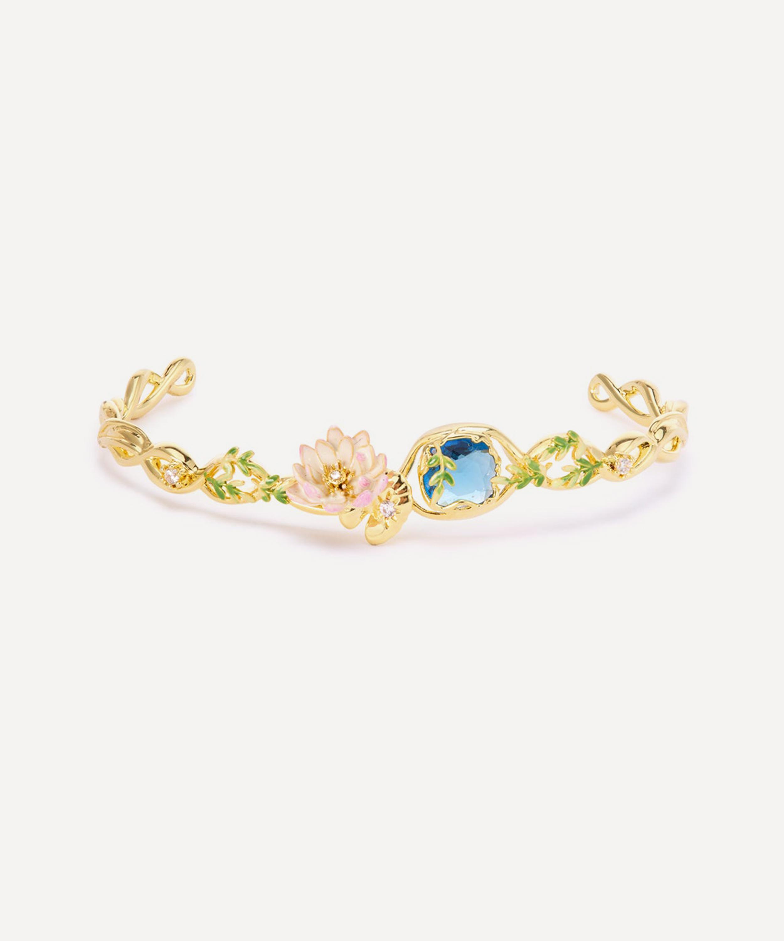 Les N&eacute;r&eacute;ides - Gold-Tone Pink Water Lily and Round Blue Stone Cuff Bracelet image number 0