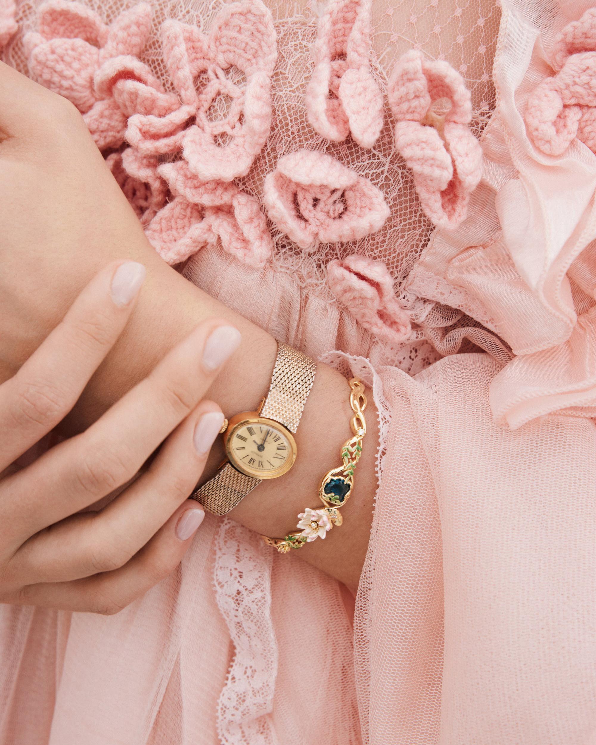 Les N&eacute;r&eacute;ides - Gold-Tone Pink Water Lily and Round Blue Stone Cuff Bracelet image number 1