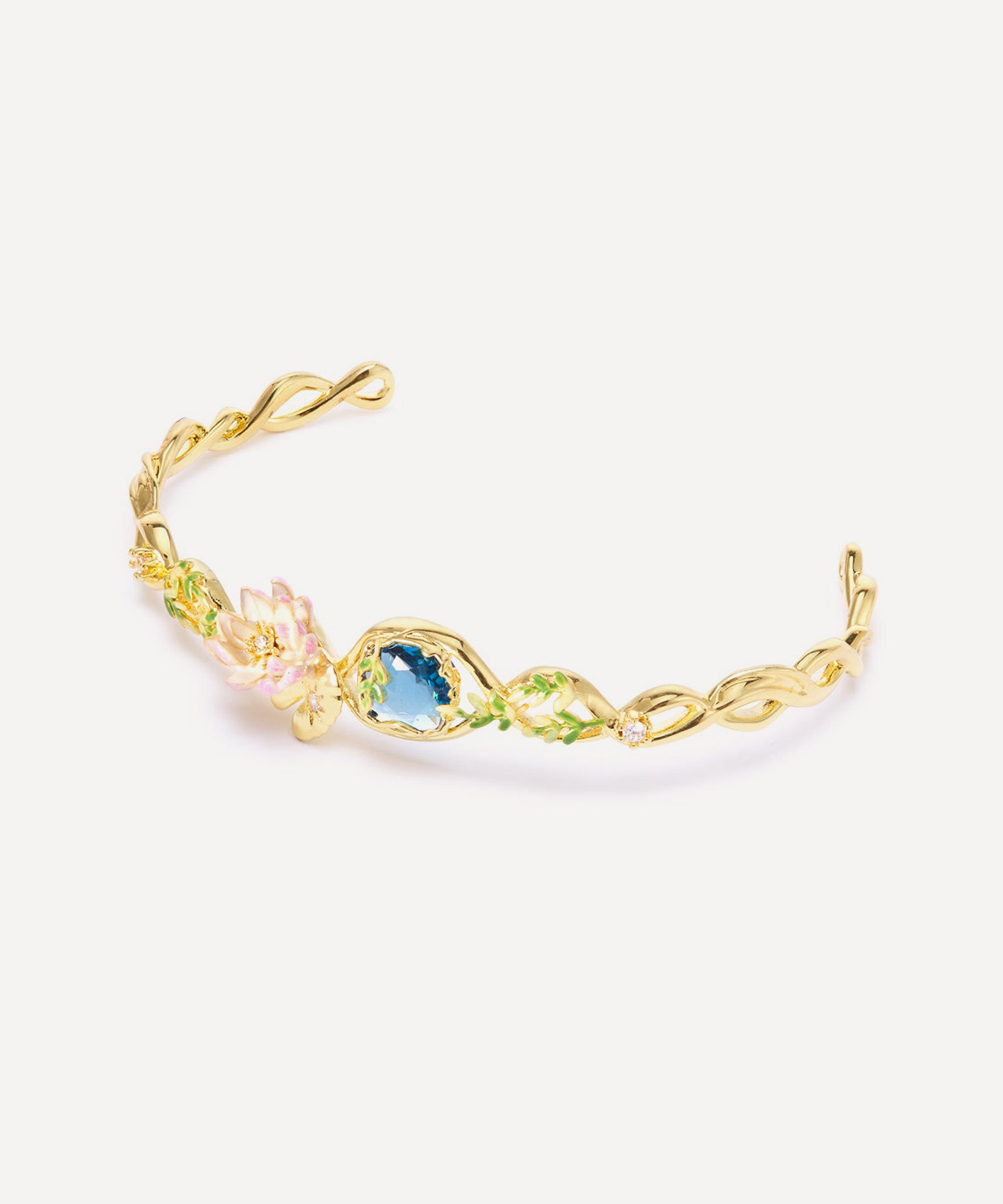 Les N&eacute;r&eacute;ides - Gold-Tone Pink Water Lily and Round Blue Stone Cuff Bracelet image number 2
