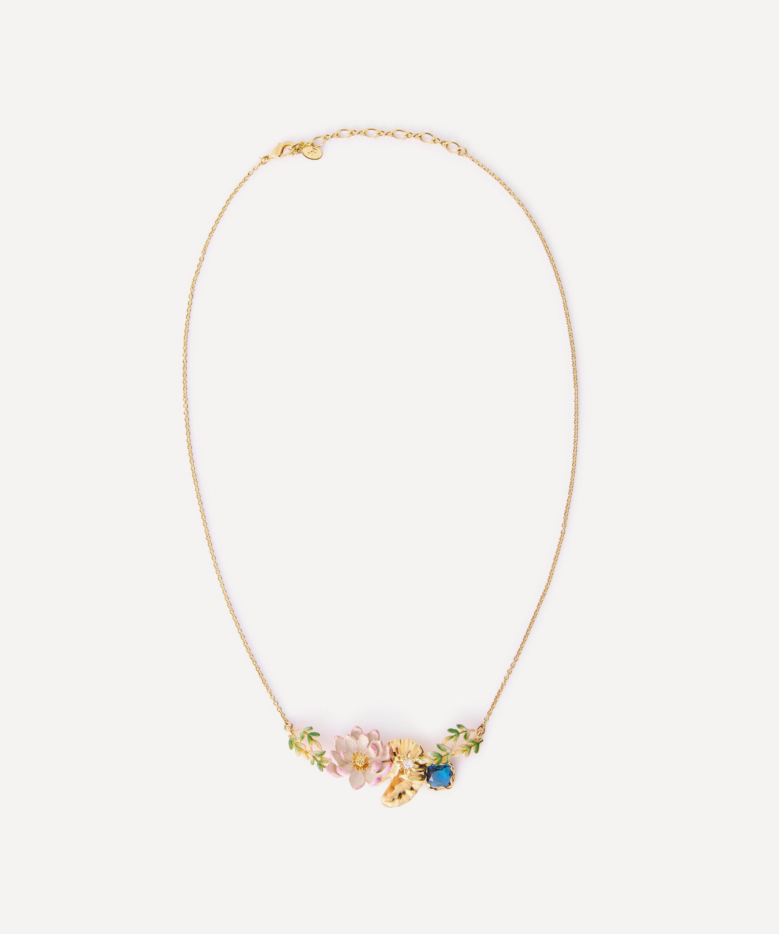 Les N&eacute;r&eacute;ides - Gold-Tone Pink Water Lily Golden Lotus and Blue Round Stone Statement Necklace image number 0