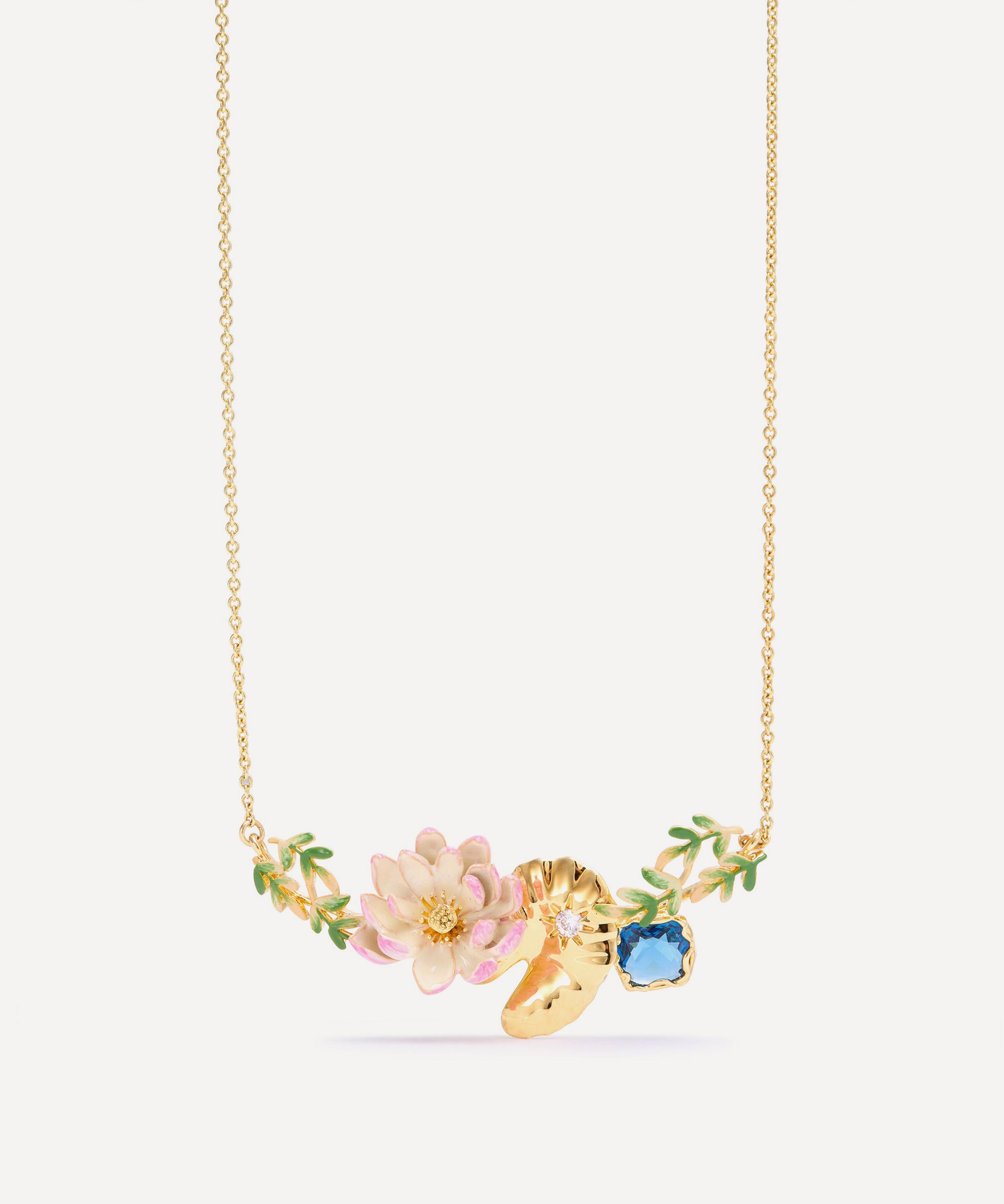 Les N&eacute;r&eacute;ides - Gold-Tone Pink Water Lily Golden Lotus and Blue Round Stone Statement Necklace image number 1