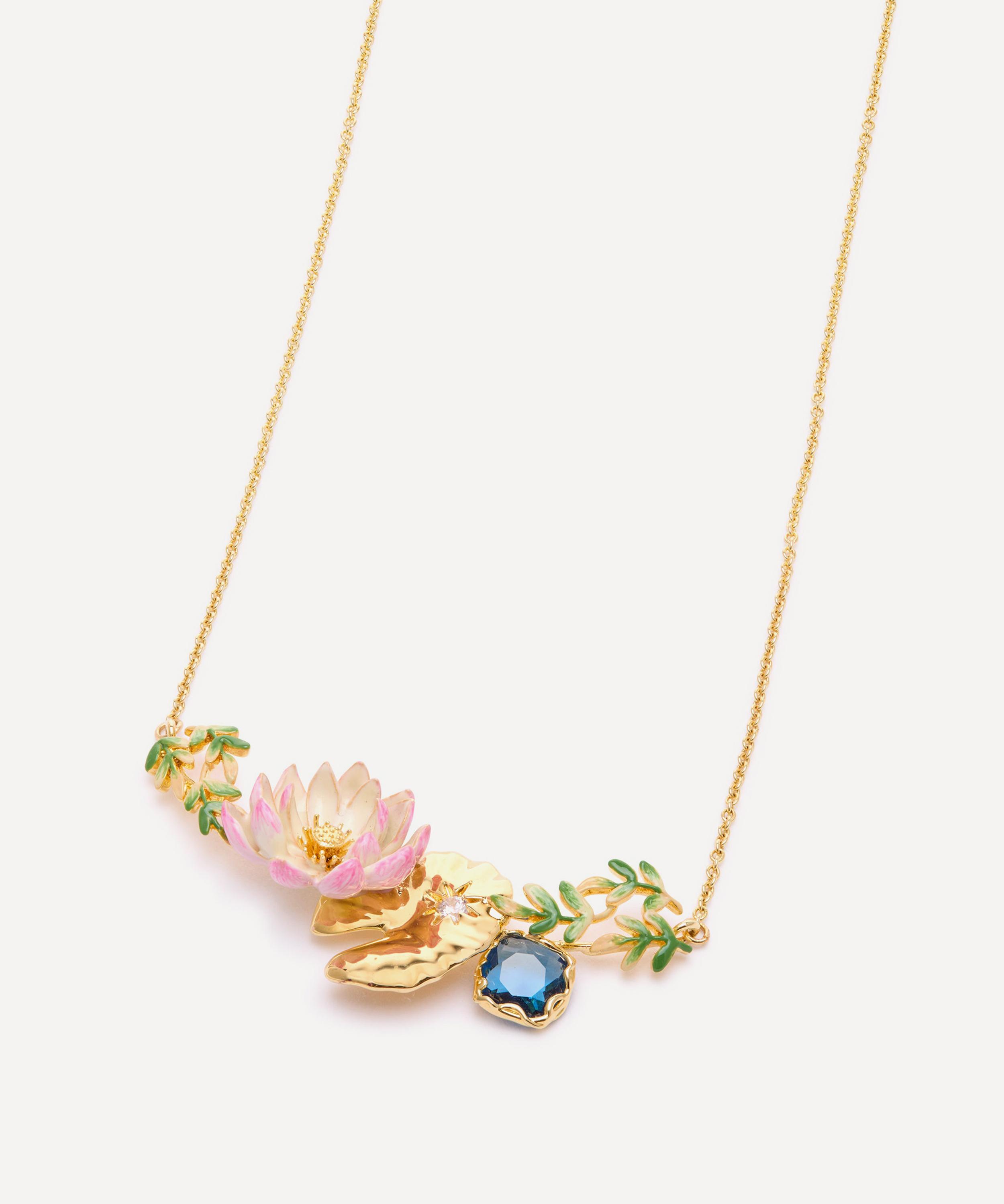 Les N&eacute;r&eacute;ides - Gold-Tone Pink Water Lily Golden Lotus and Blue Round Stone Statement Necklace image number 2